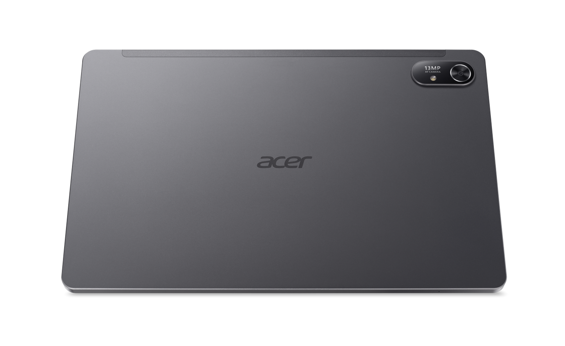 Tableta gris oscuro con el logotipo 'acer', vista desde atrás sobre fondo negro.