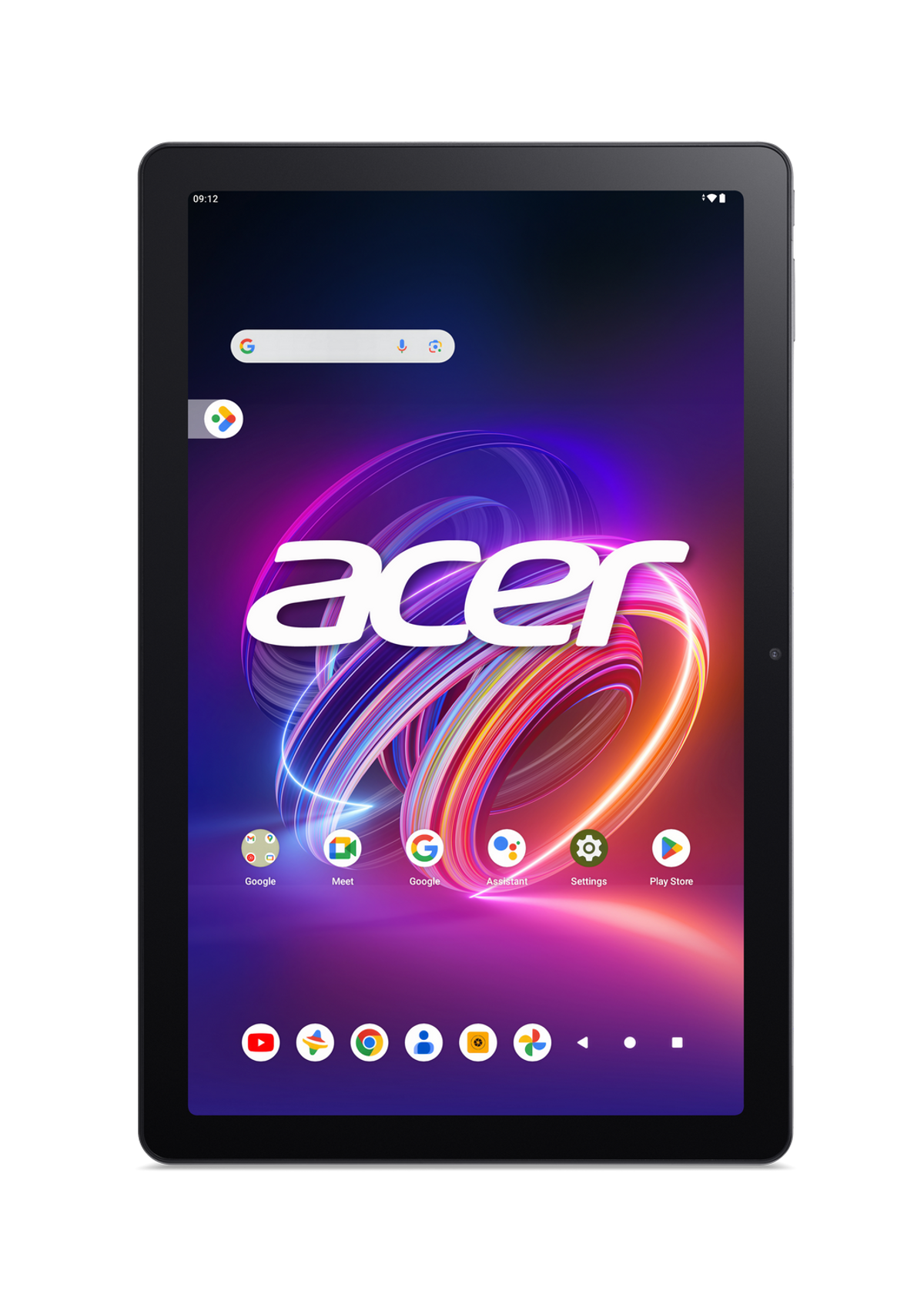 Tableta negra con el logotipo de Acer, iconos abajo y fondo oscuro.