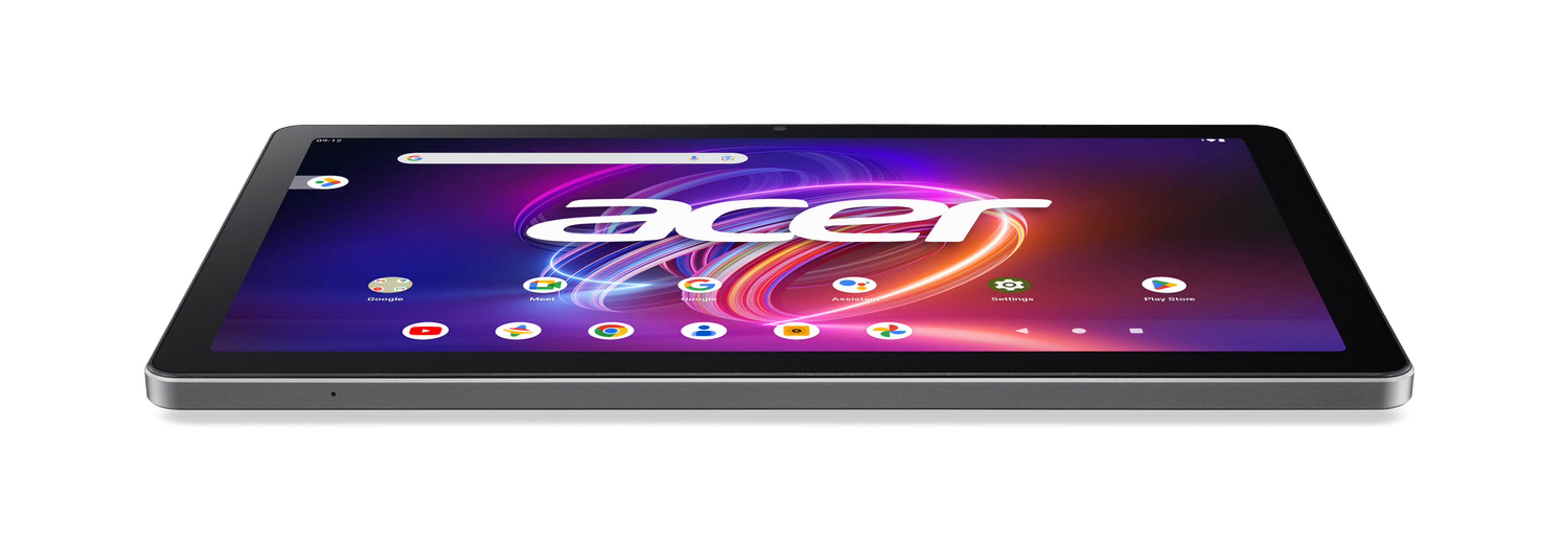 Una tableta Acer muestra una interfaz colorida sobre fondo negro.
