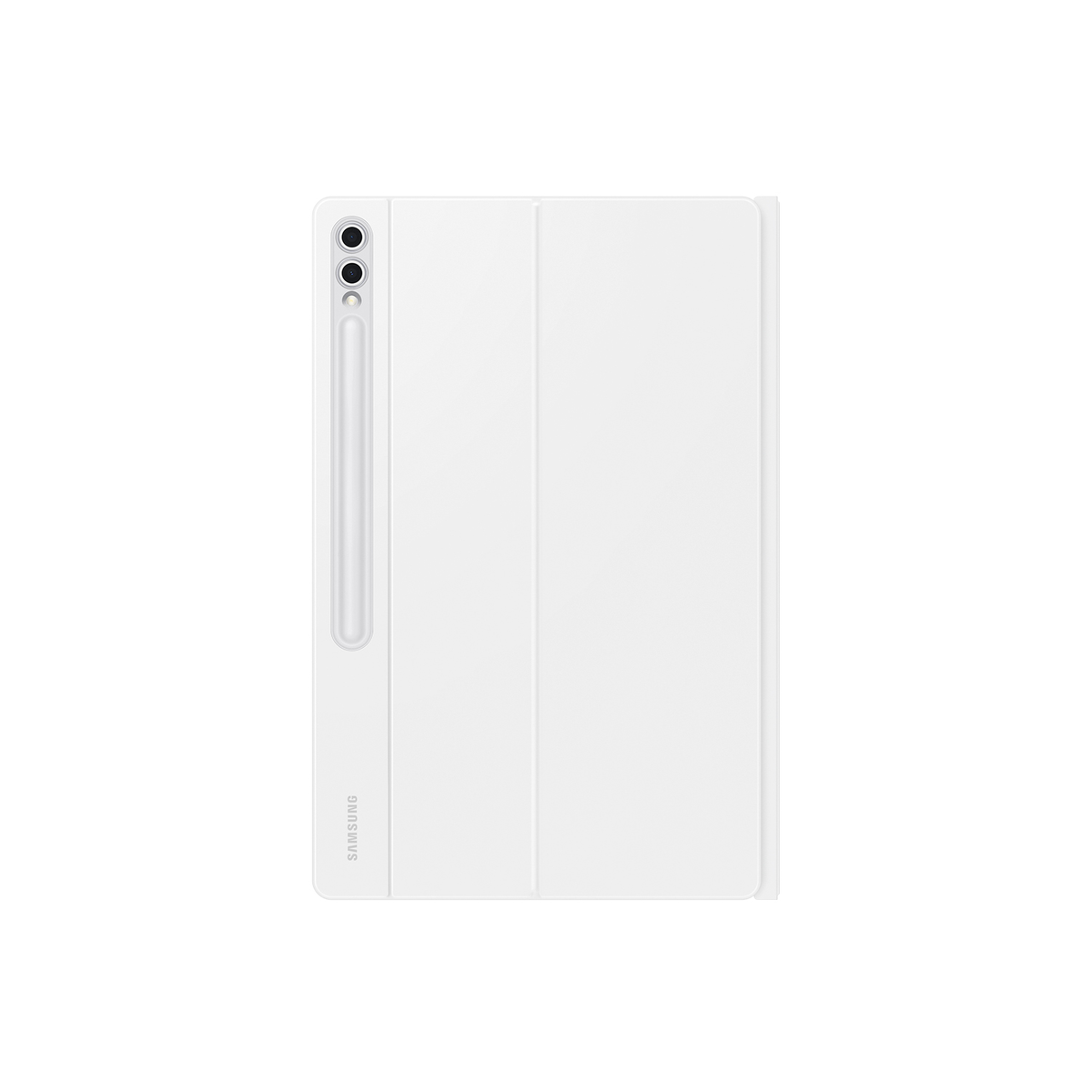 Una cover bianca per tablet e una penna su sfondo bianco. La cover è piegata.