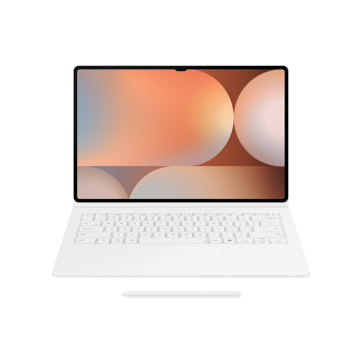 Un laptop bianco con schermo nero e tastiera bianca, e uno stilo bianco.