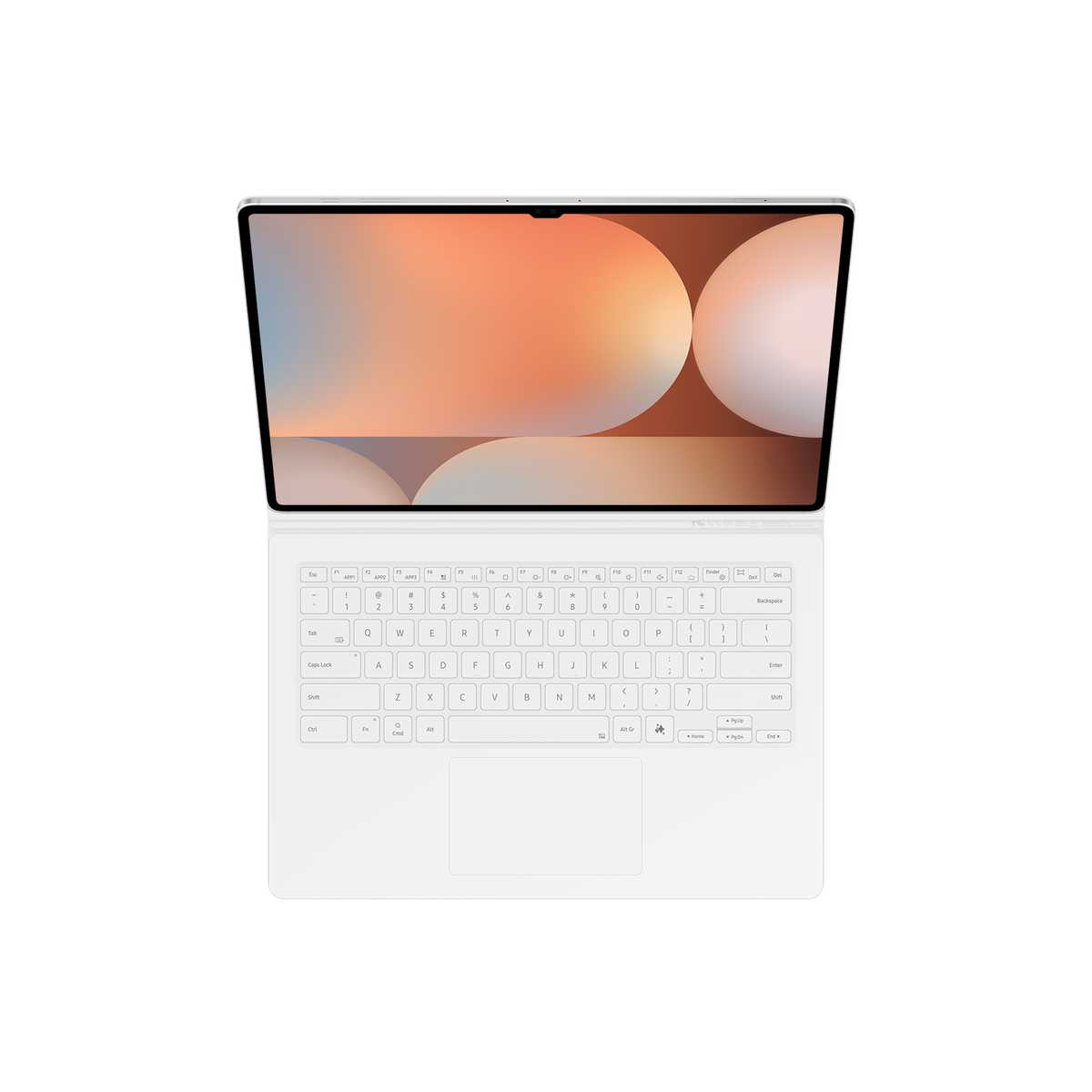 Un laptop bianco con schermo aperto che mostra un'immagine astratta e una tastiera bianca sotto.