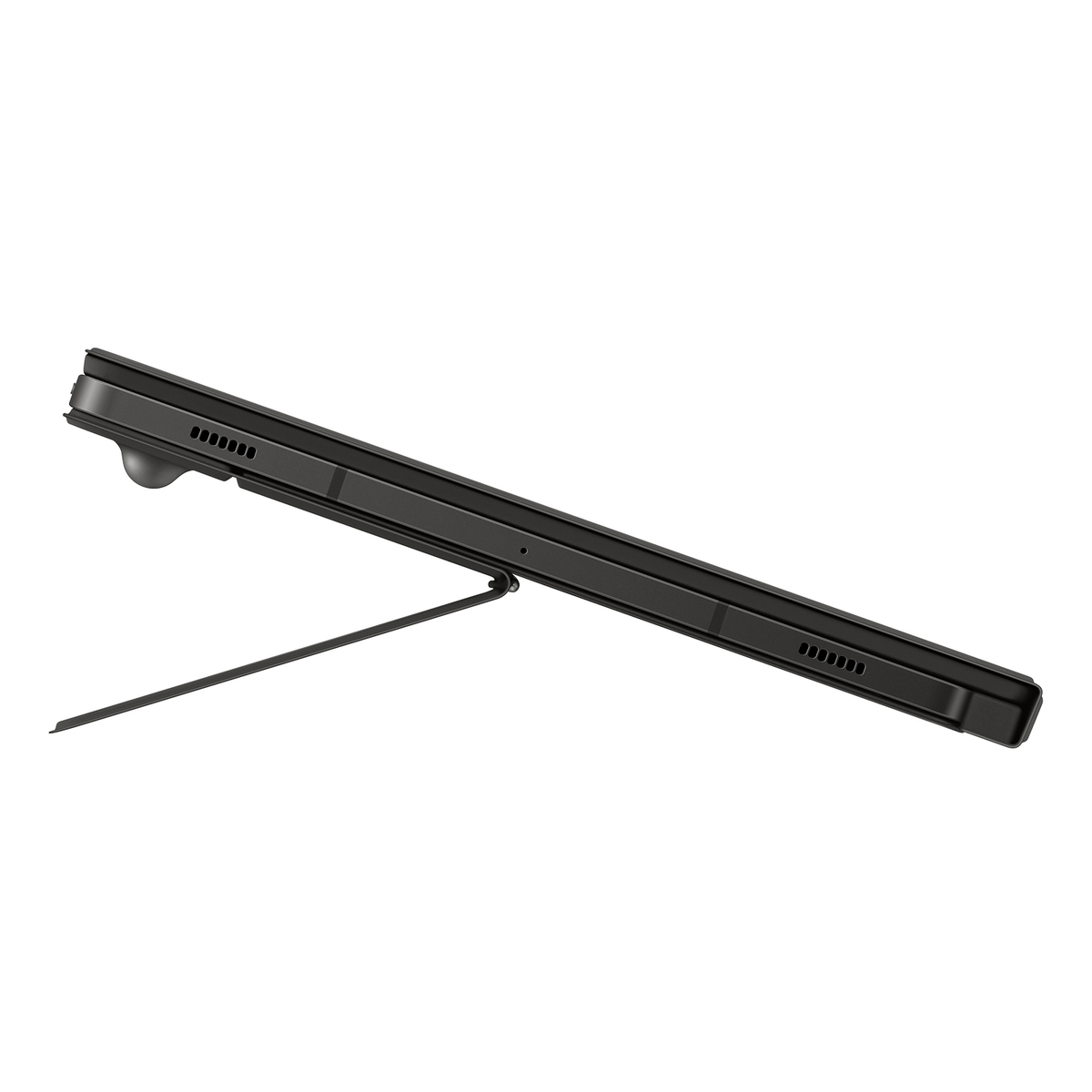 Tableta negra, vista de perfil, con soporte desplegado.