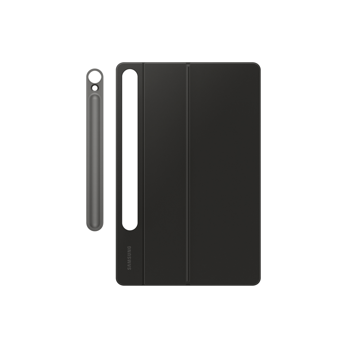 Funda negra para tableta Samsung con un lápiz óptico. La funda está cerrada y el lápiz óptico está al lado.