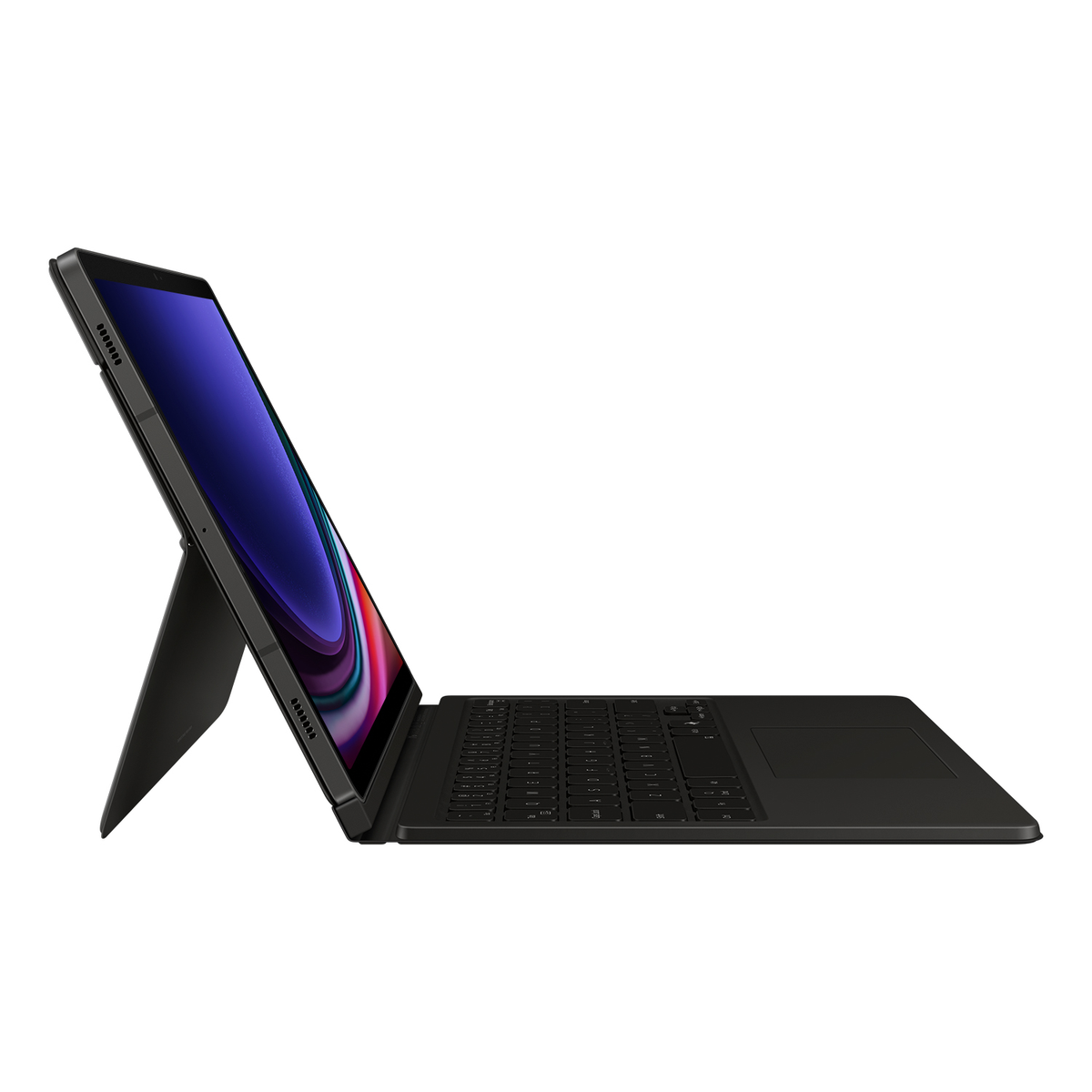 Laptop negro con soporte, abierto, teclado y pantalla.