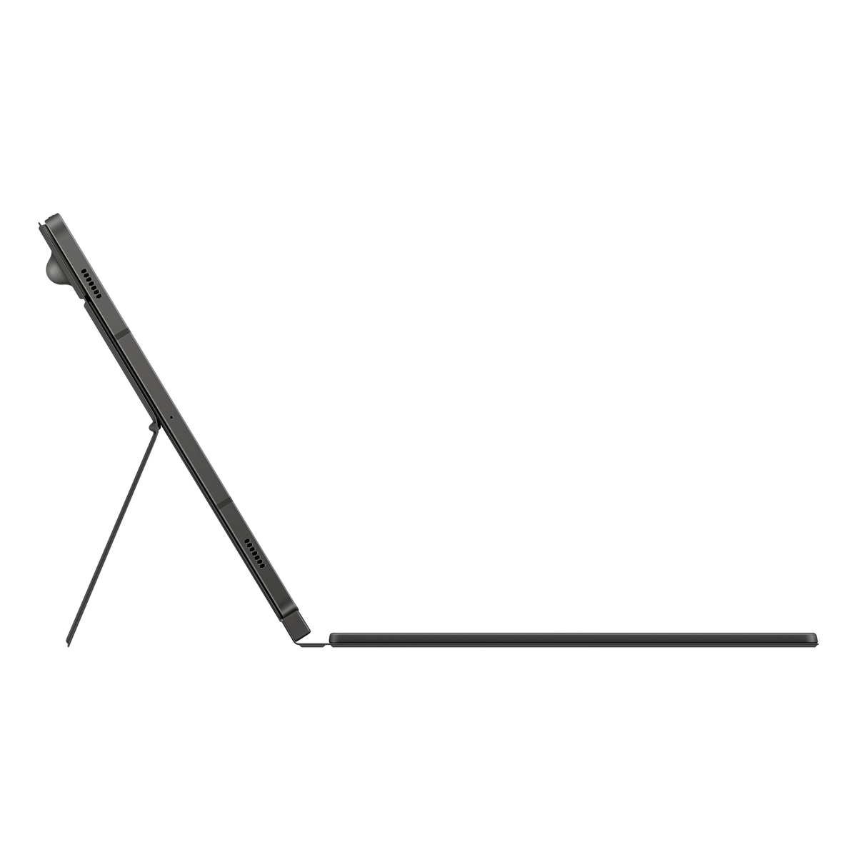 Tableta negra con teclado adjunto, vista lateral. El teclado está plegado como soporte.