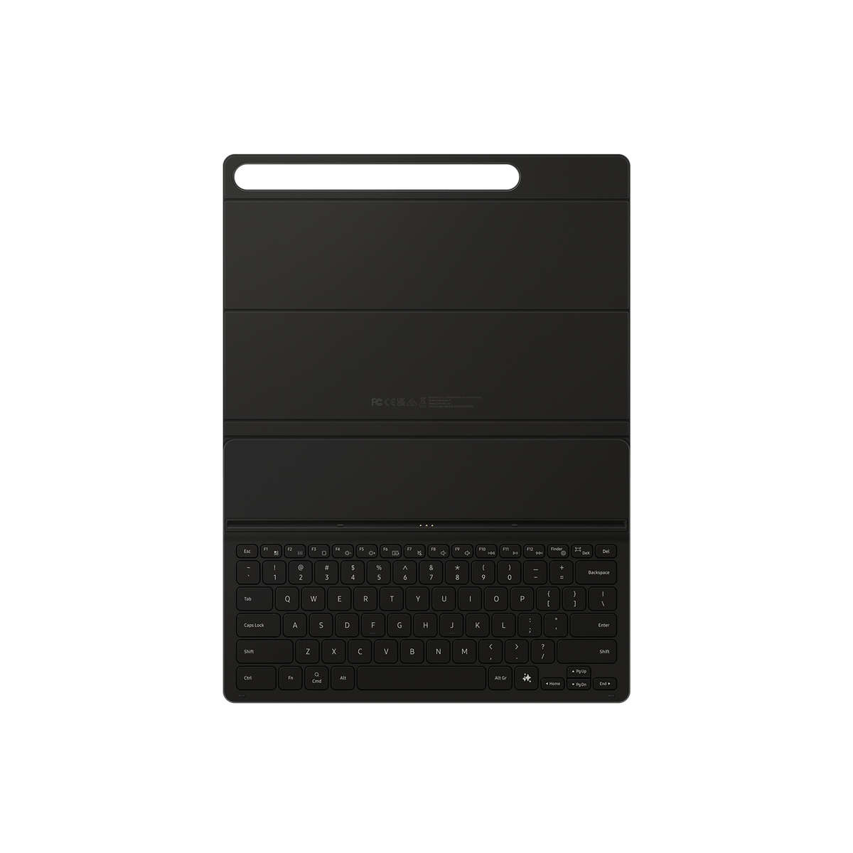 Teclado negro con soporte para tableta. Tiene un diseño completo con un trackpad. Fondo blanco limpio.