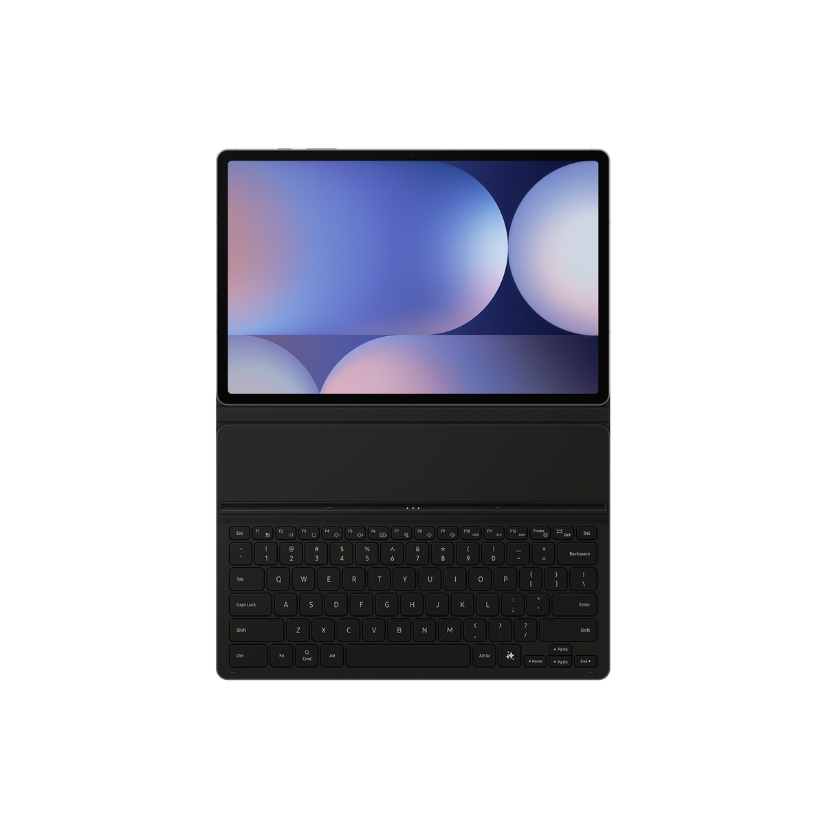 Tableta negra abierta con teclado, mostrando una pantalla azul y morada.