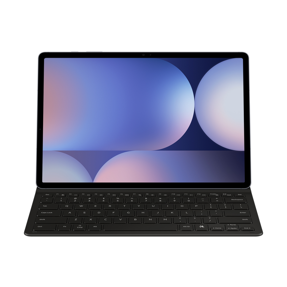 Una tableta con un teclado adjunto. La pantalla muestra un diseño abstracto de círculos y gradientes.