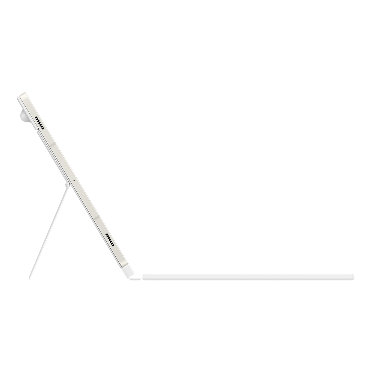 Una tableta blanca con un soporte de teclado y un lápiz. Está colocada en ángulo.