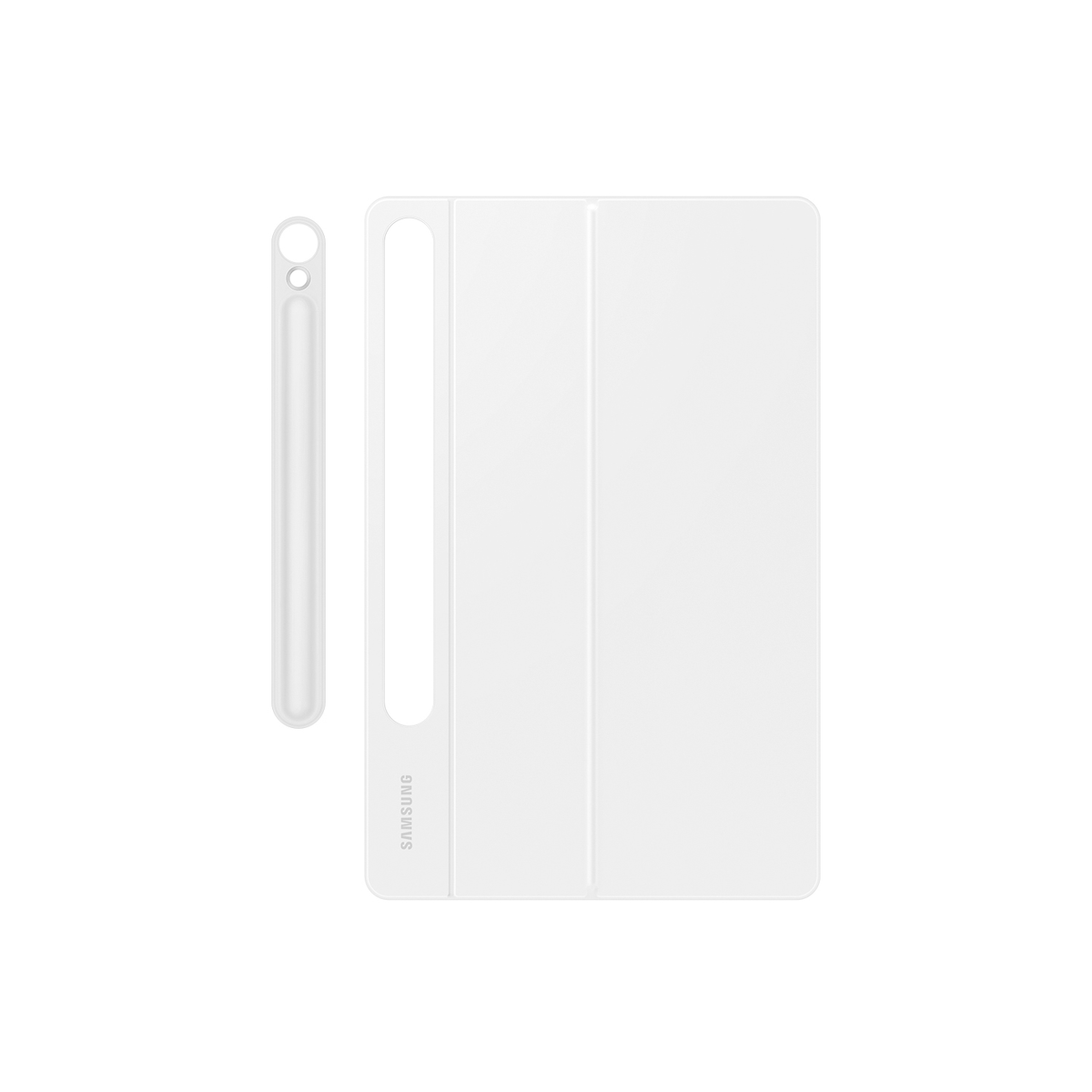 Funda y lápiz para tableta Samsung blancos. Ambos son blancos, el logotipo de Samsung visible.