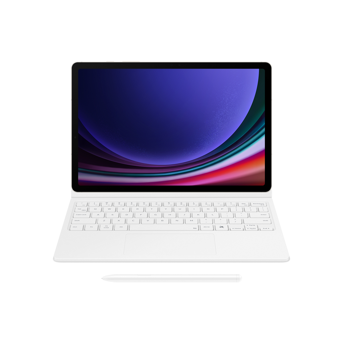 Un teclado blanco y una tableta con una pantalla que muestra un fondo colorido.