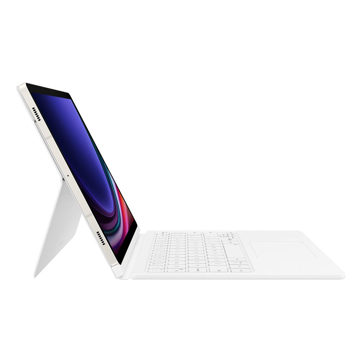 Ordenador portátil blanco con teclado desmontado y pantalla en ángulo. Fondo blanco.