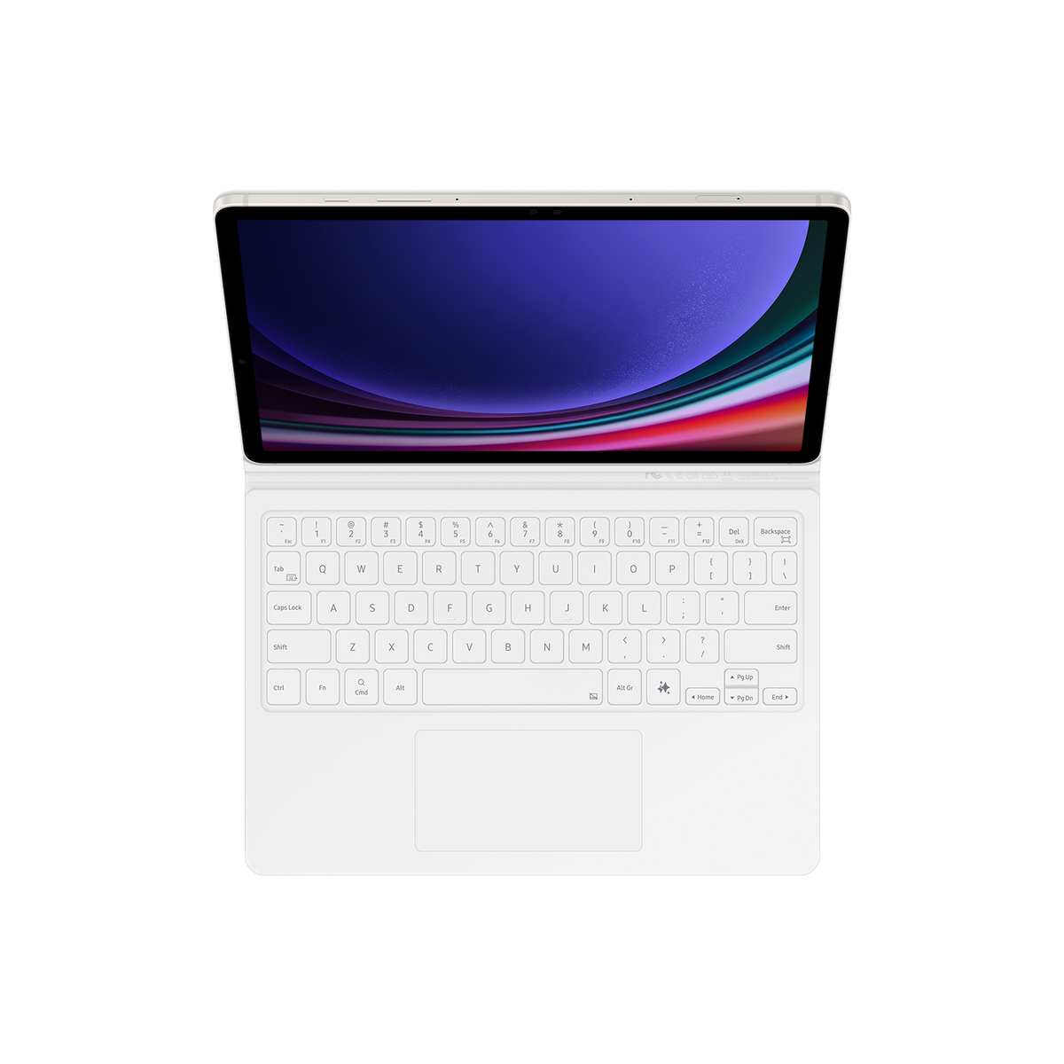 Una tableta con teclado adjunto. El teclado es blanco y la pantalla muestra una imagen.