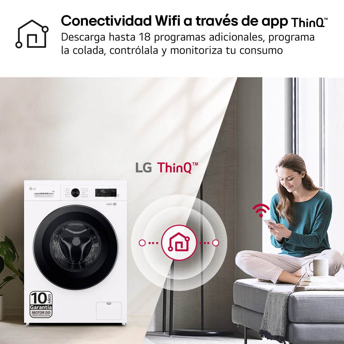 Pralka z kobietą używającą telefonu. Grafika pokazuje łączność Wi-Fi za pośrednictwem aplikacji ThinQ.