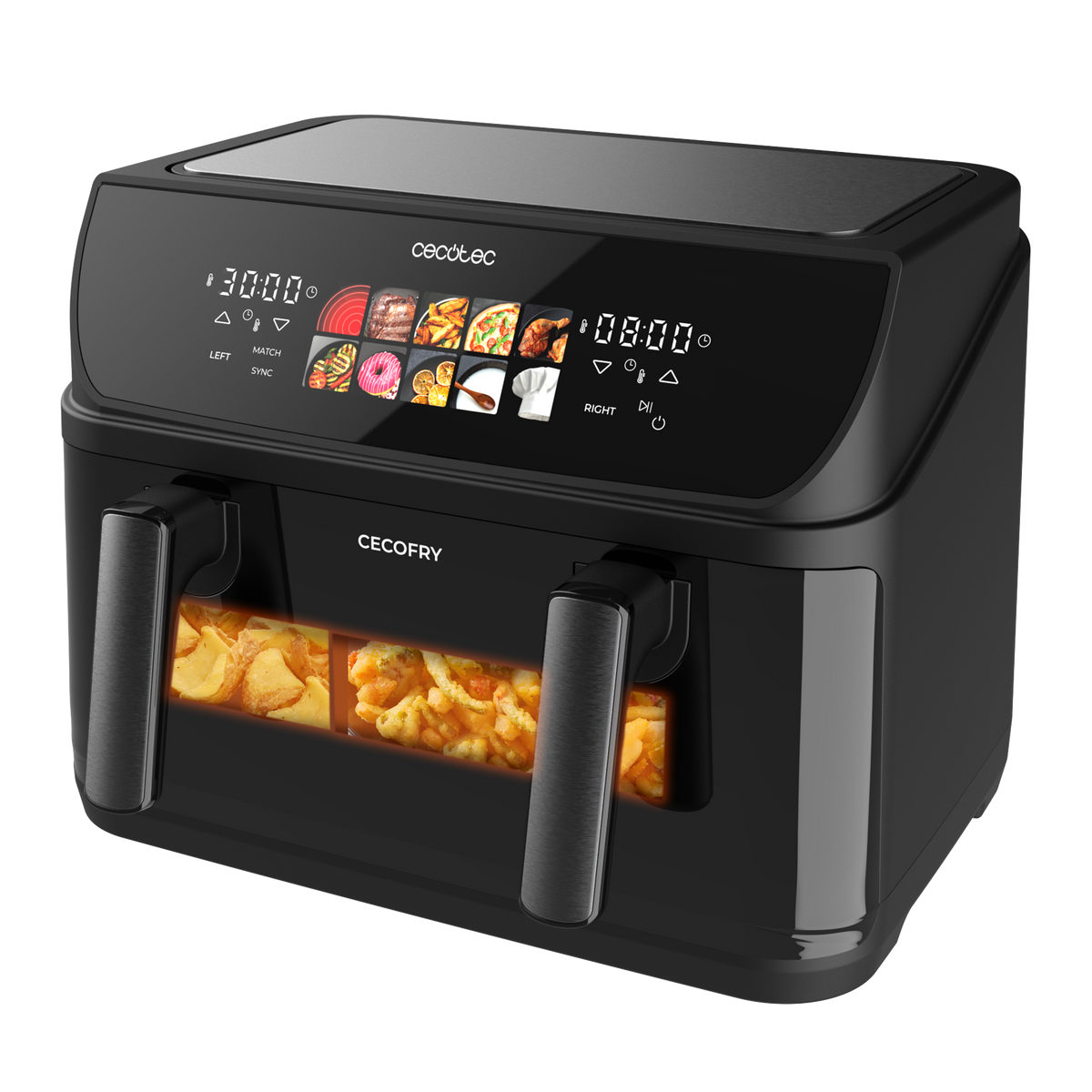 Czarna frytkownica Cecotec z wyświetlaczem i jedzeniem w koszach.