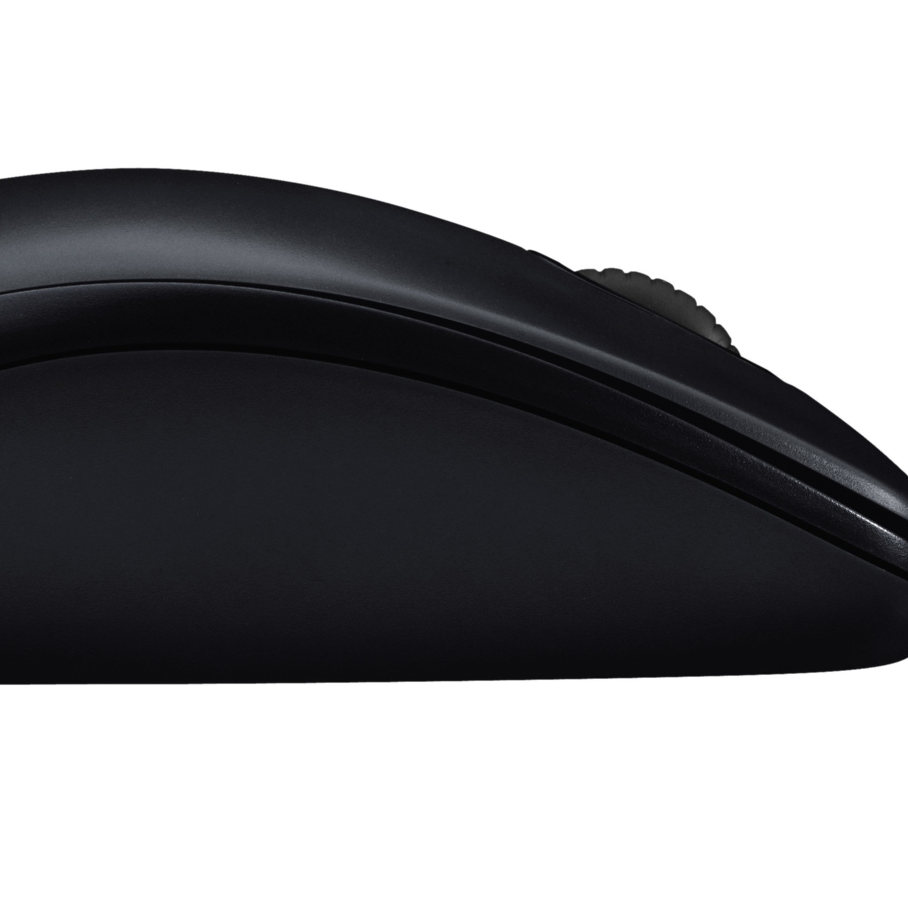 Een zwarte computermuis van opzij bekeken. De muis heeft een slank, ergonomisch ontwerp.
