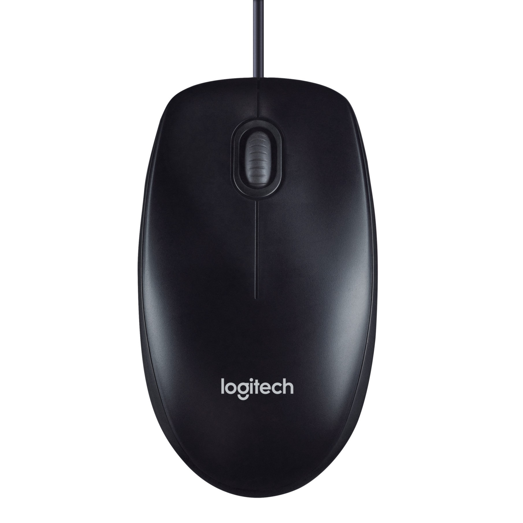 Een zwarte Logitech-muis met scrollwiel en logo, op een witte achtergrond.