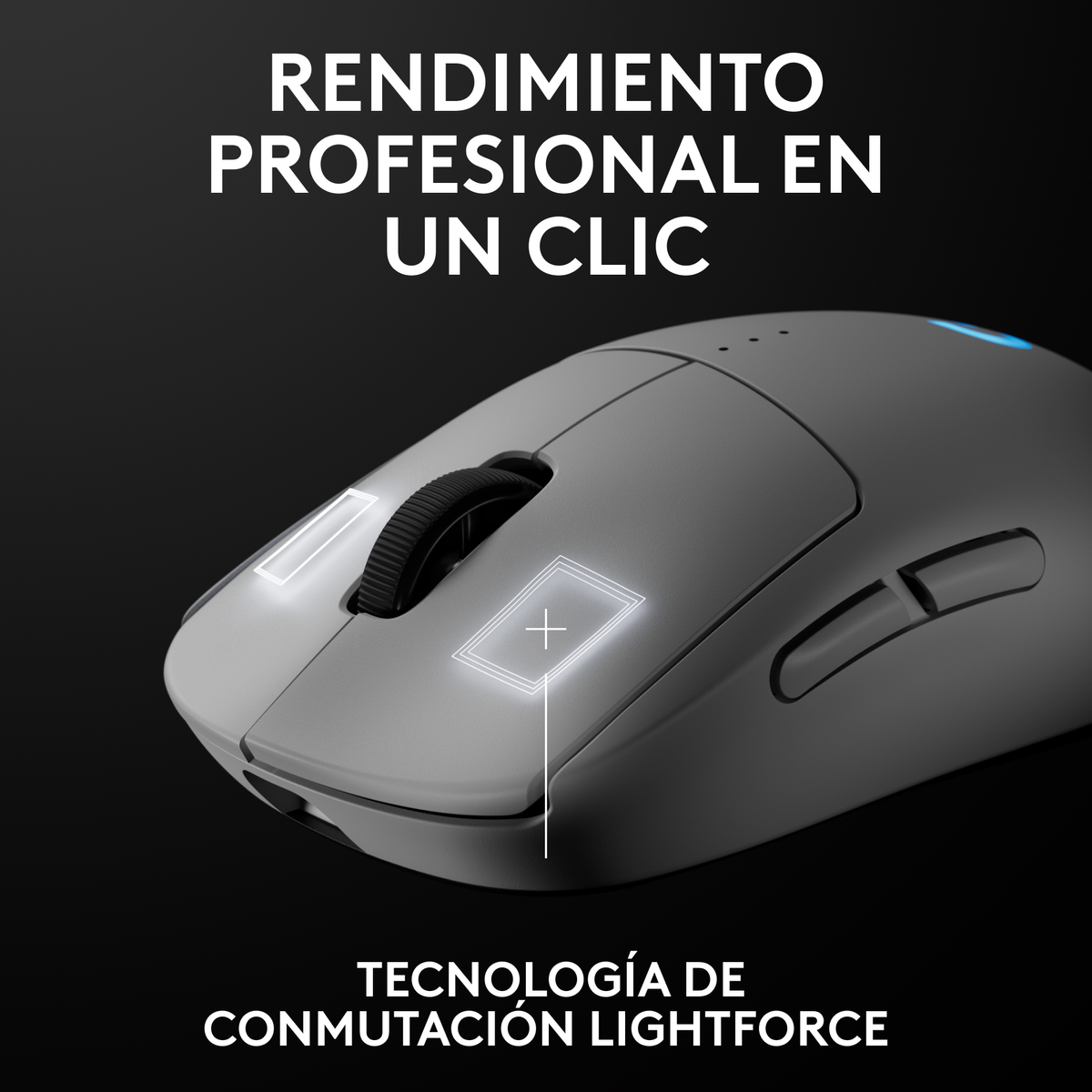 Szara mysz gamingowa Logitech z dwoma białymi przyciskami i czarnym kółkiem, na czarnej powierzchni.