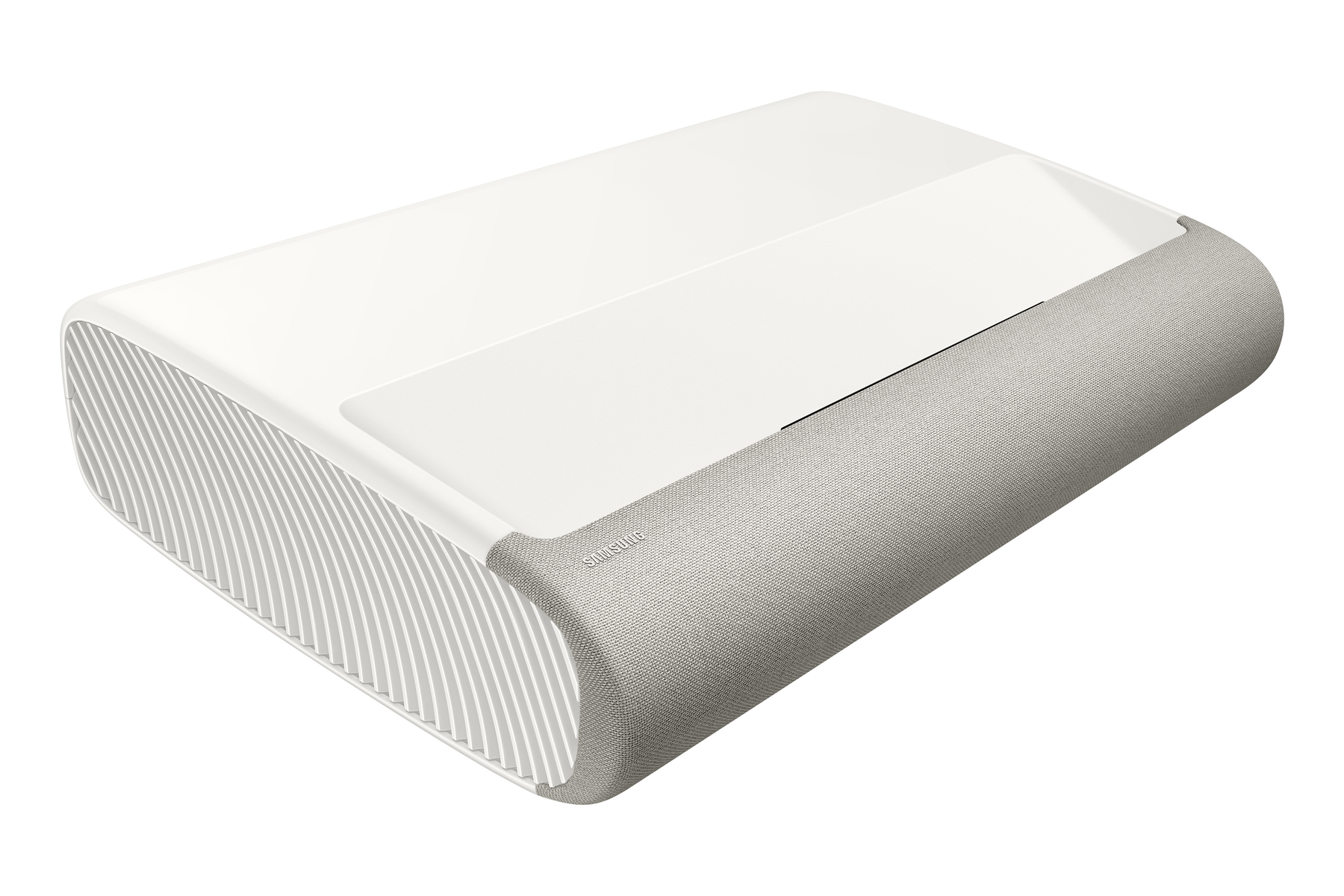 Biały projektor z szarym głośnikiem.