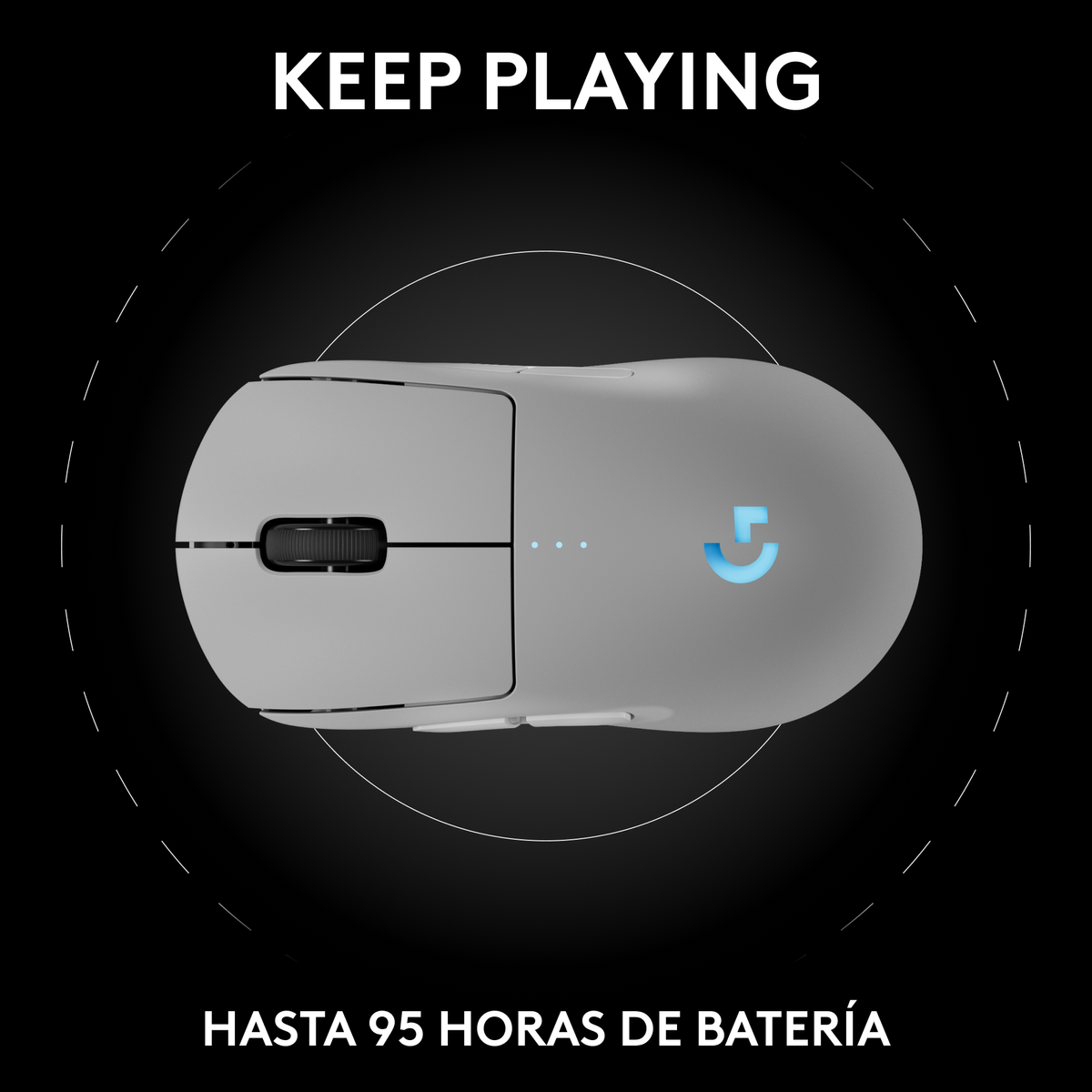 Szara mysz bezprzewodowa z niebieskim światłem i tekstem.