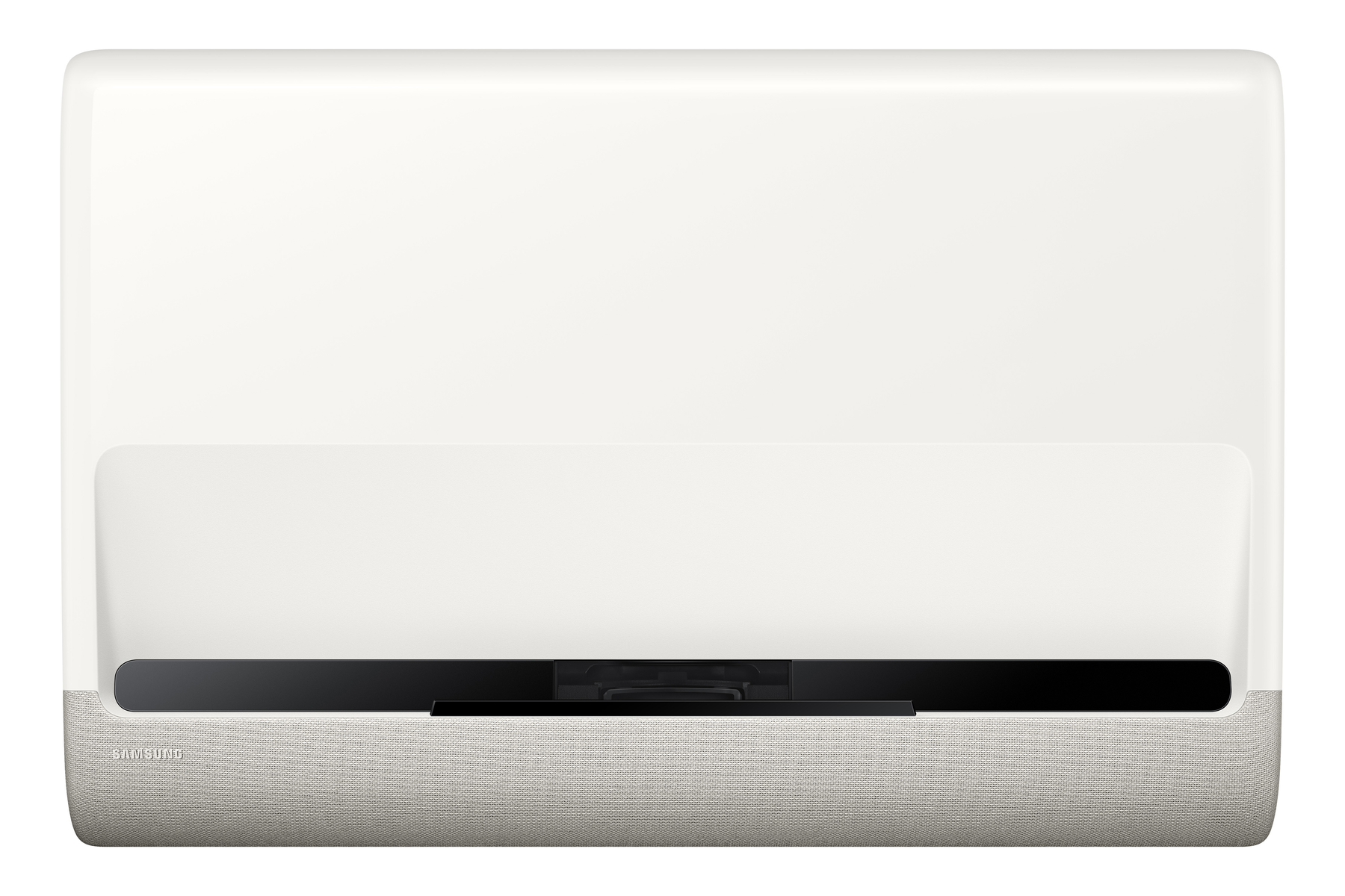 Biało-szary projektor Samsung. Projektor jest prostokątny i ma czarny przód.