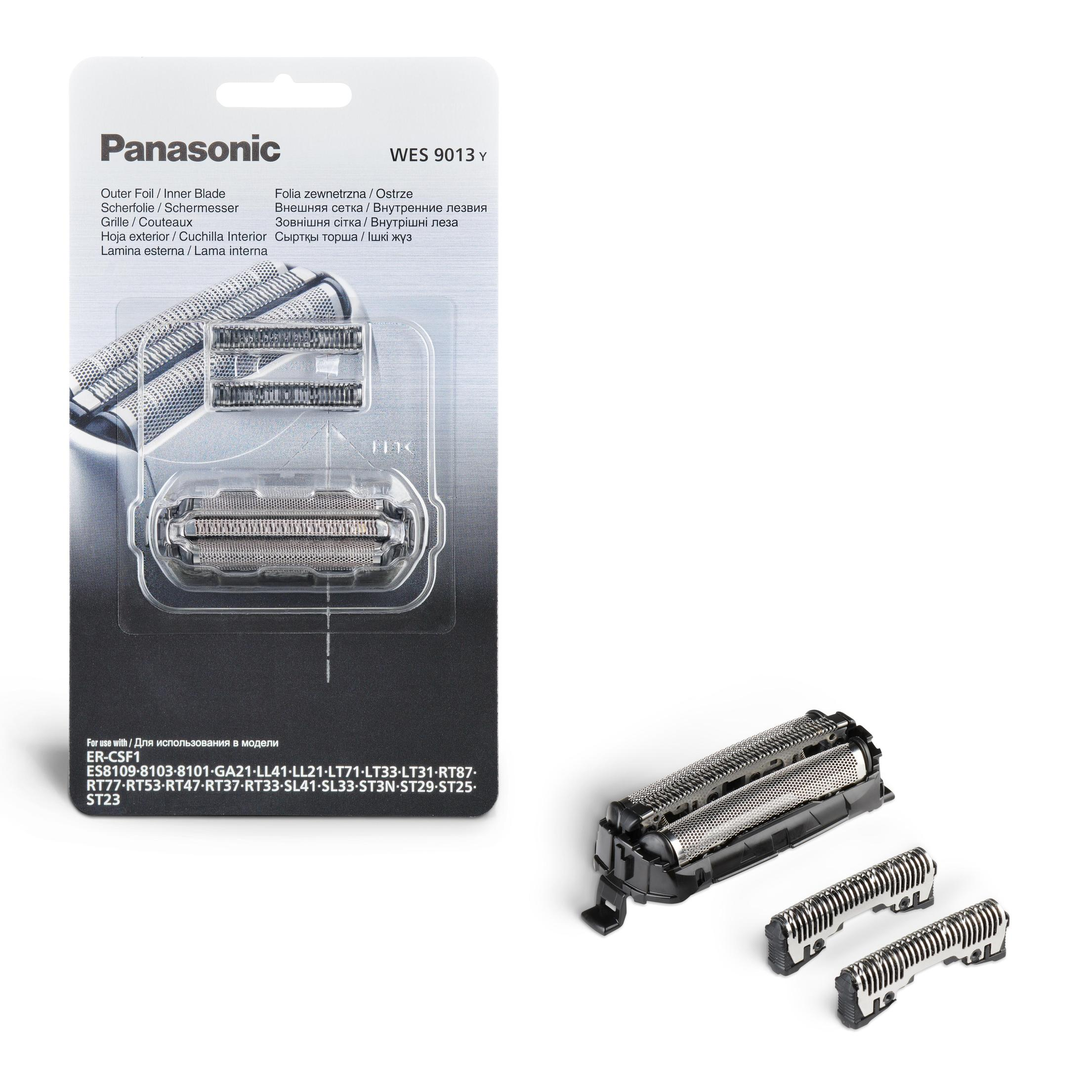 Głowice wymienne do golarki Panasonic w opakowaniu i zdemontowane części na białej powierzchni.