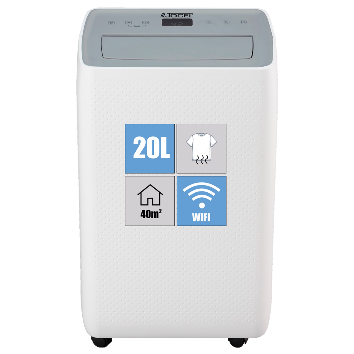 Aire acondicionado blanco con parte superior gris, mostrando 20L, 40m² y WIFI.