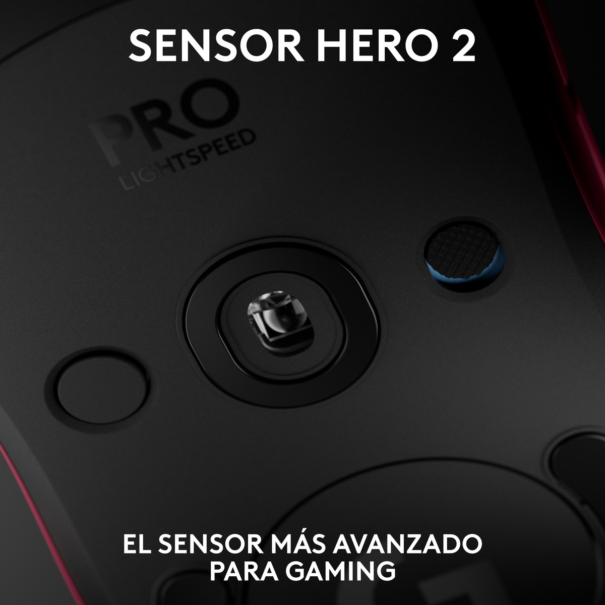 Zbliżenie czarnej myszy ze szczegółami czujnika i tekstem 'SENSOR HERO 2 PRO LIGHTSPEED'.