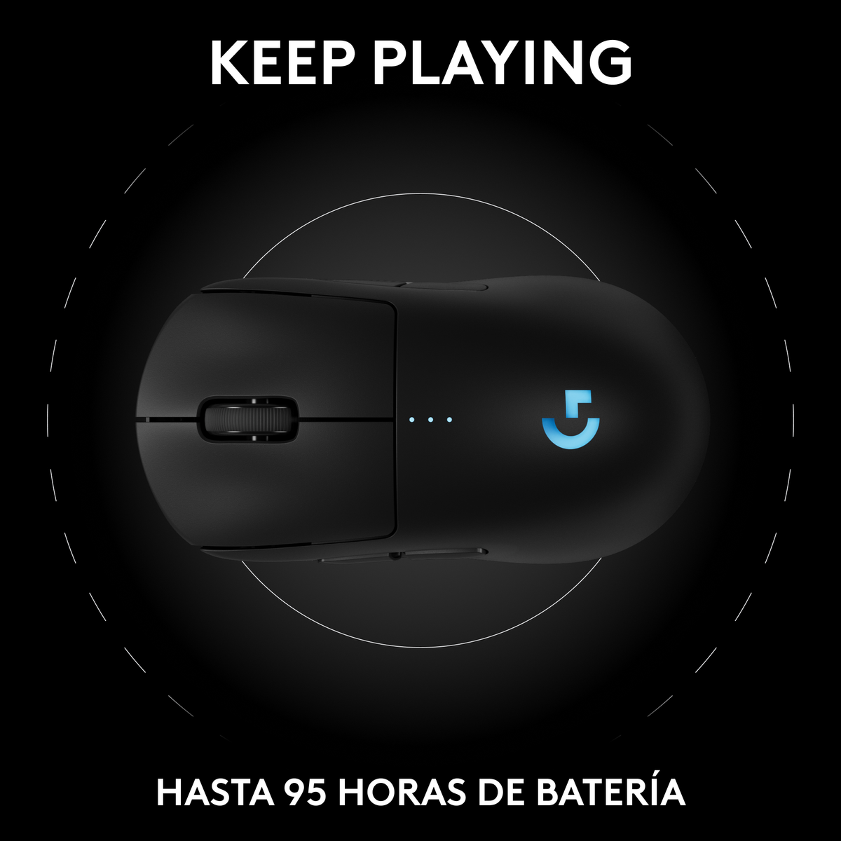 Czarna mysz bezprzewodowa z niebieskim światłem, otoczona czarnym tłem z tekstem.