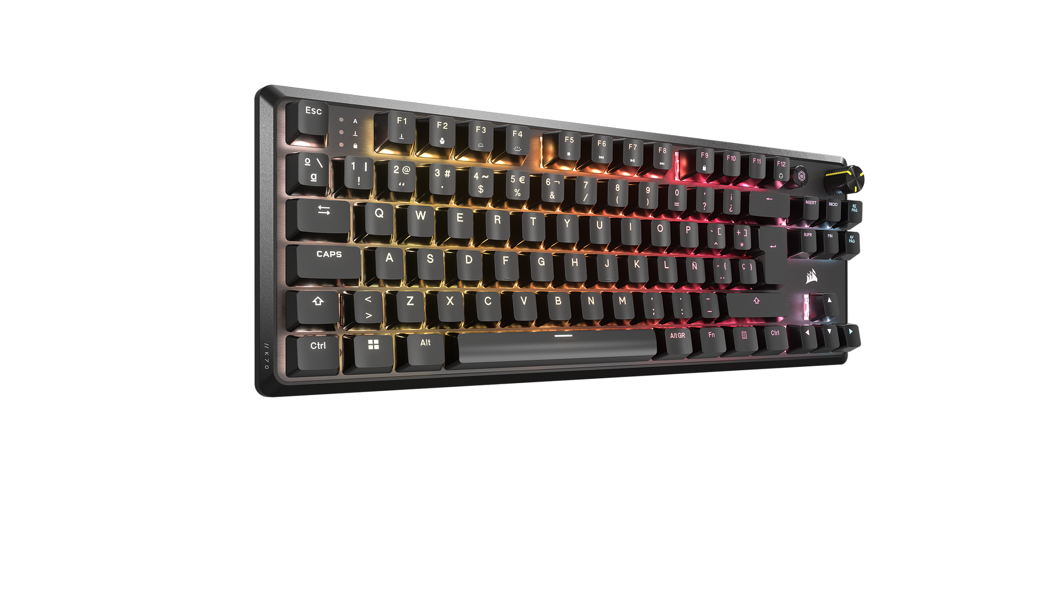 Una tastiera Corsair nera con luci arcobaleno. La tastiera ha molti tasti.