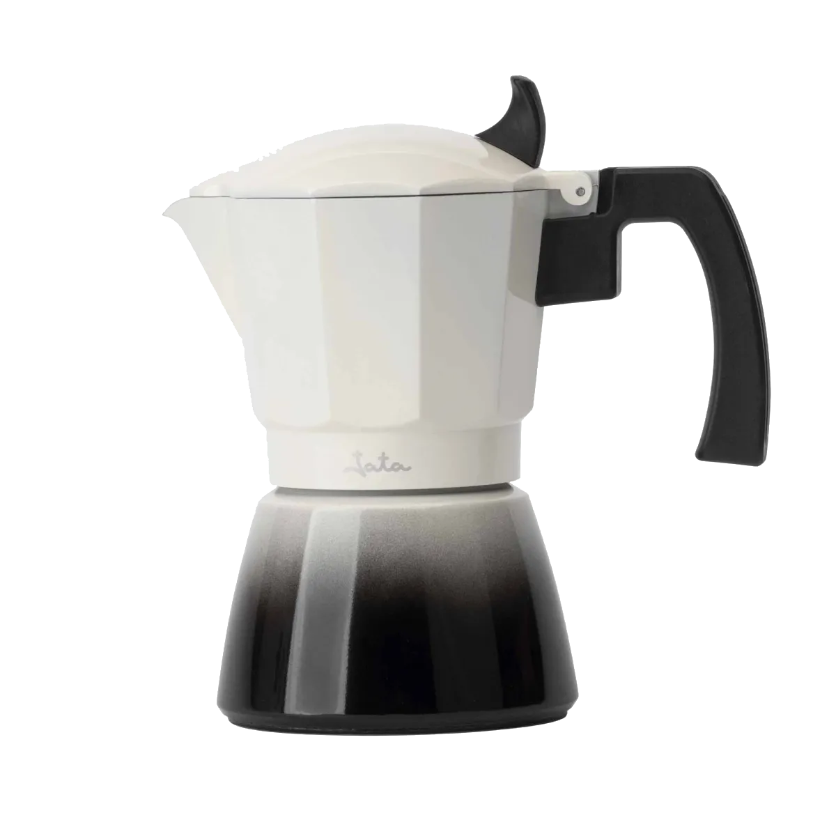 Biało-czarny ekspres do espresso na kuchenkę, z czarnym uchwytem i górnym uchwytem, ​​izolowany na czarno.