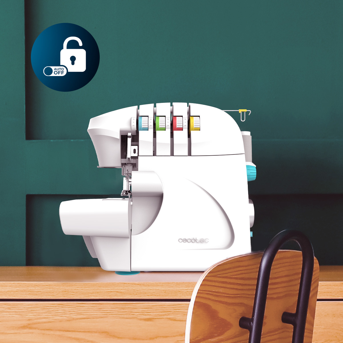 Máquina de coser blanca con carretes de hilo de colores y una mesa de madera.