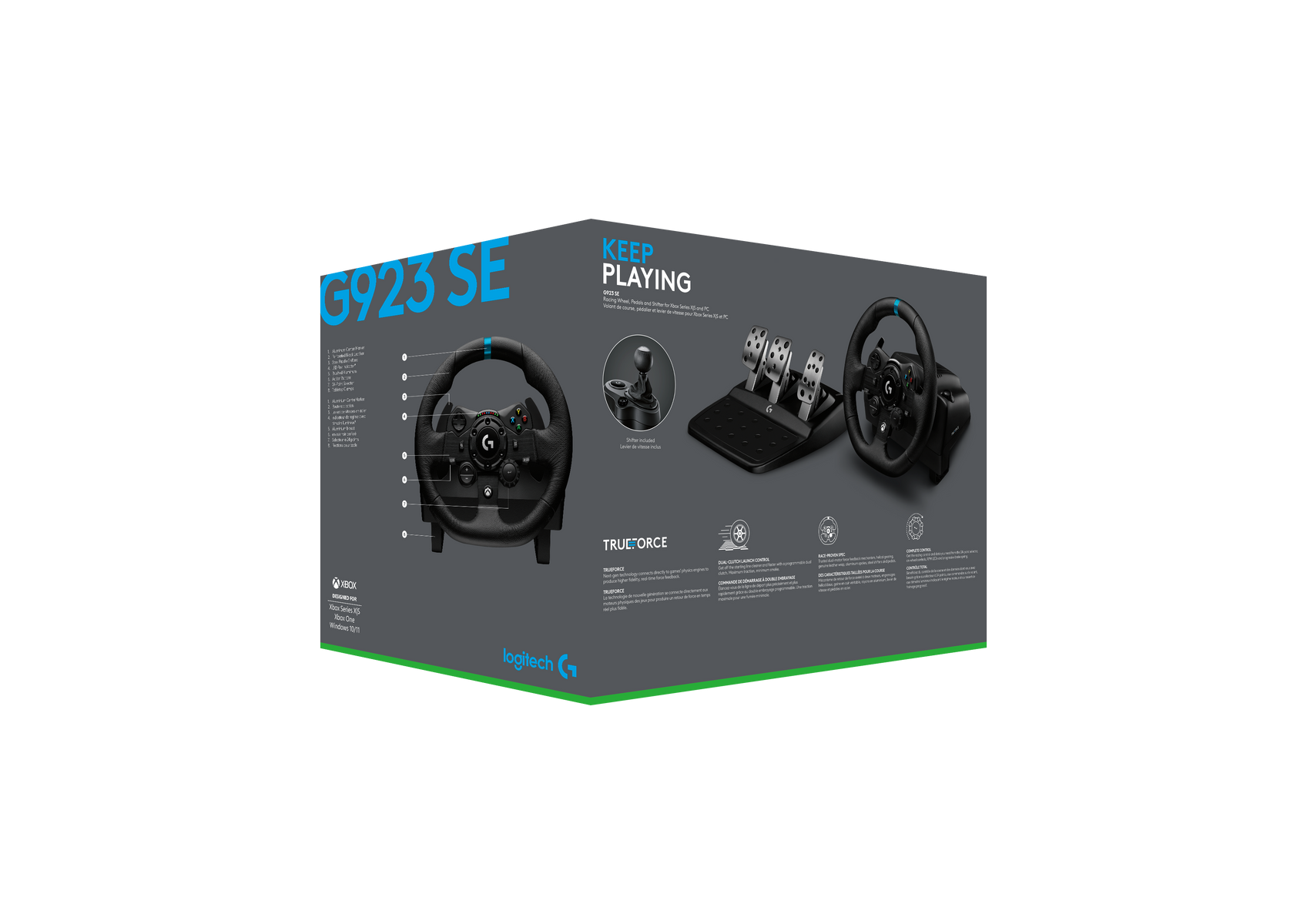 Zapakowany zestaw kierownicy do gier z kierownicą, pedałami i dźwignią zmiany biegów, na czarnym tle.