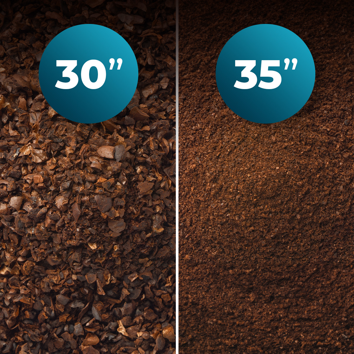 Dwa zbliżenia fusów kawowych, jedno oznaczone 30", drugie 35", pokazujące różne rozmiary zmielenia.