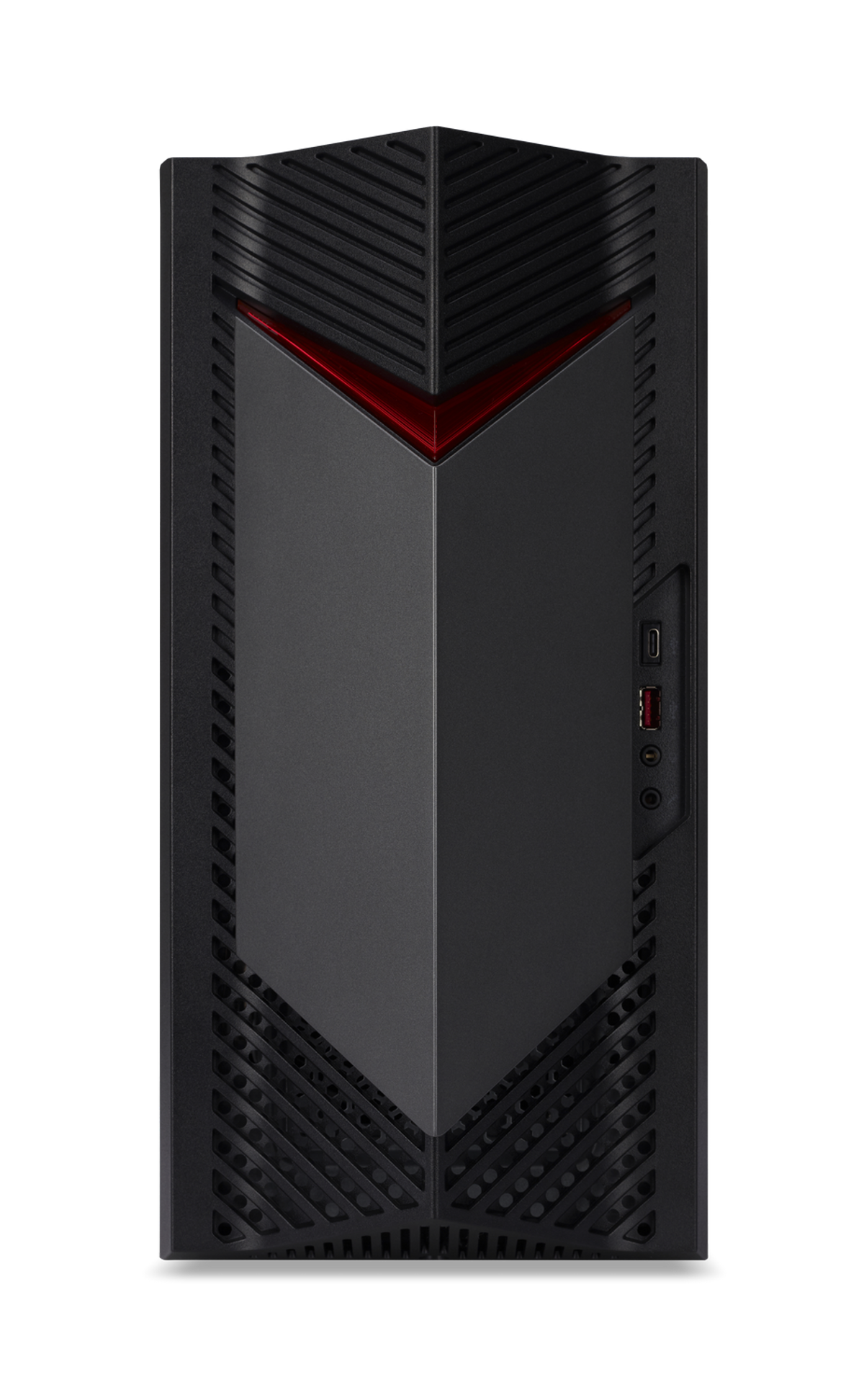 Caja de PC negra con acento rojo. Diseño vertical con ventilación y puertos USB visibles.
