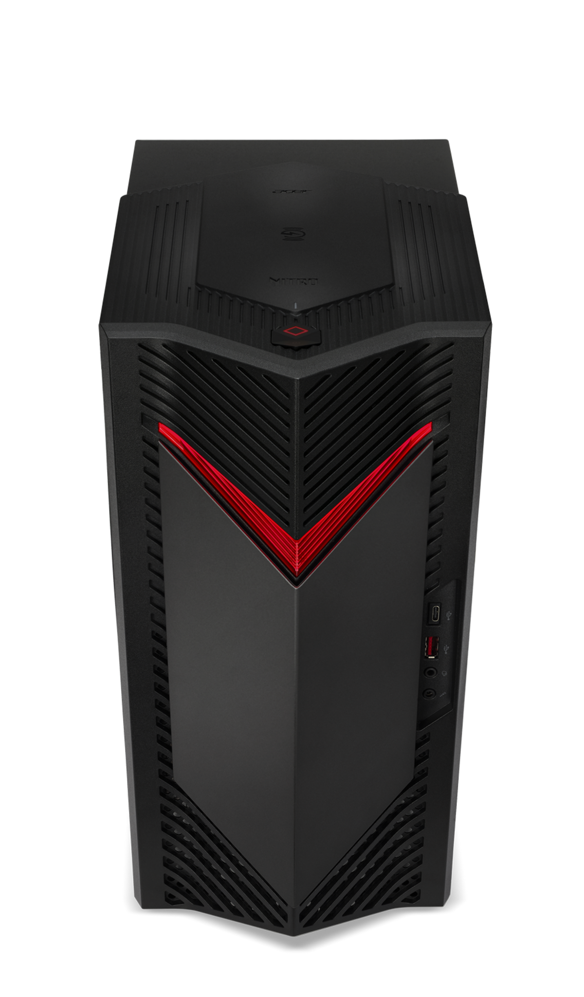 Torre de PC gaming negra, con detalles rojos. Vista frontal en ángulo.
