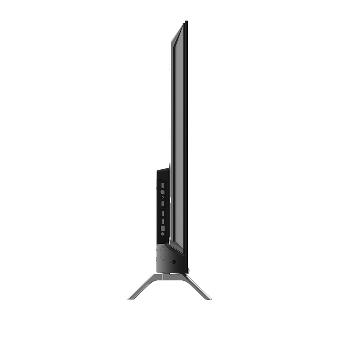 Vista laterale di una TV su un supporto. Schermo nero, cornice scura, supporto argento.
