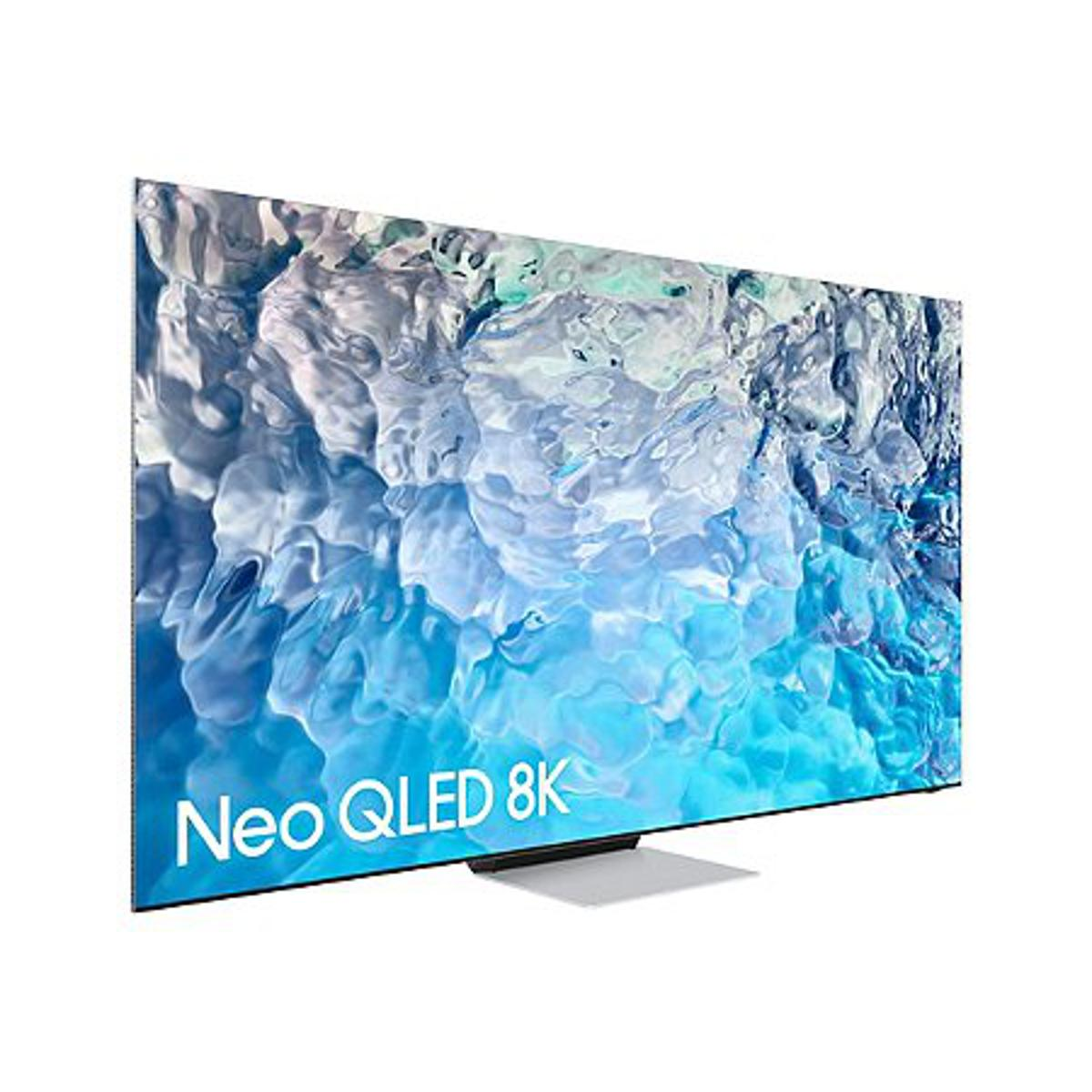 Un televisor moderno con pantalla azul y blanca, sobre fondo blanco.