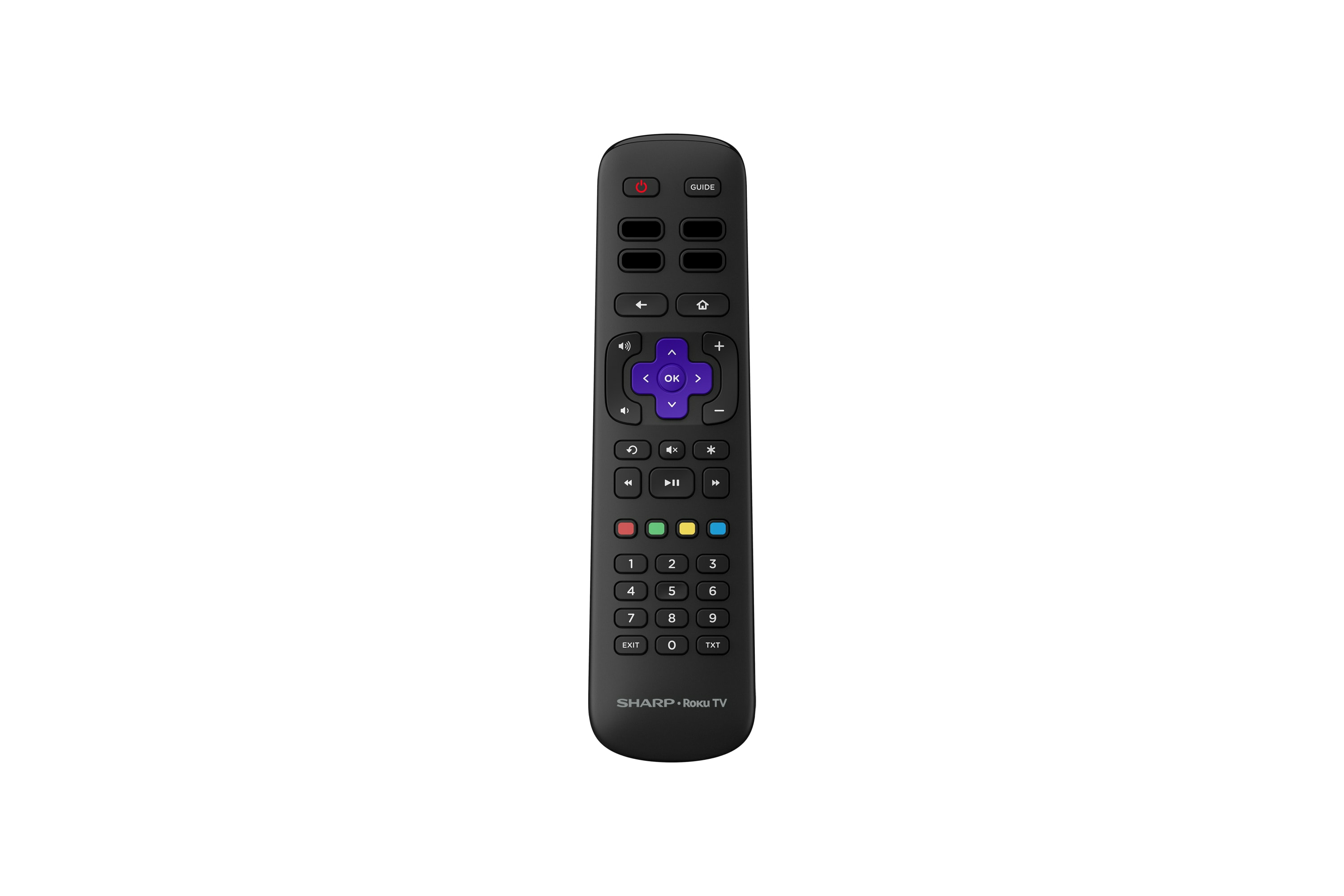 Eine schwarze Fernbedienung mit Tasten. Text: SHARP Roku TV.