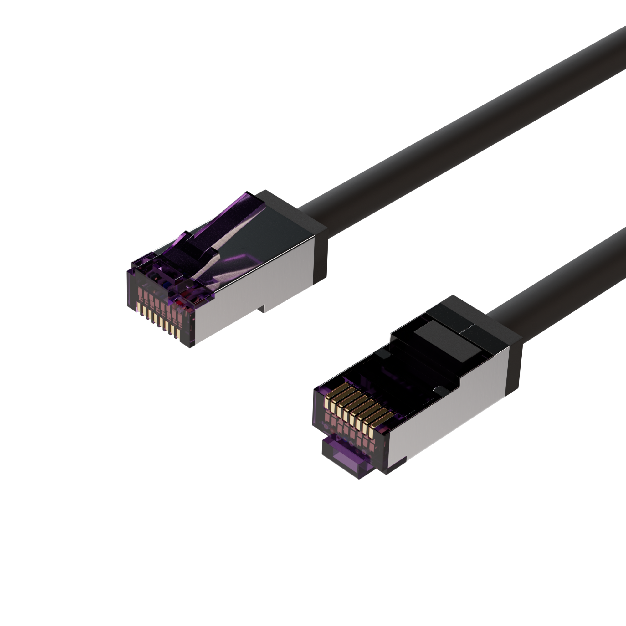 Due connettori RJ45, uno con interno viola, collegati a un cavo nero su sfondo bianco.