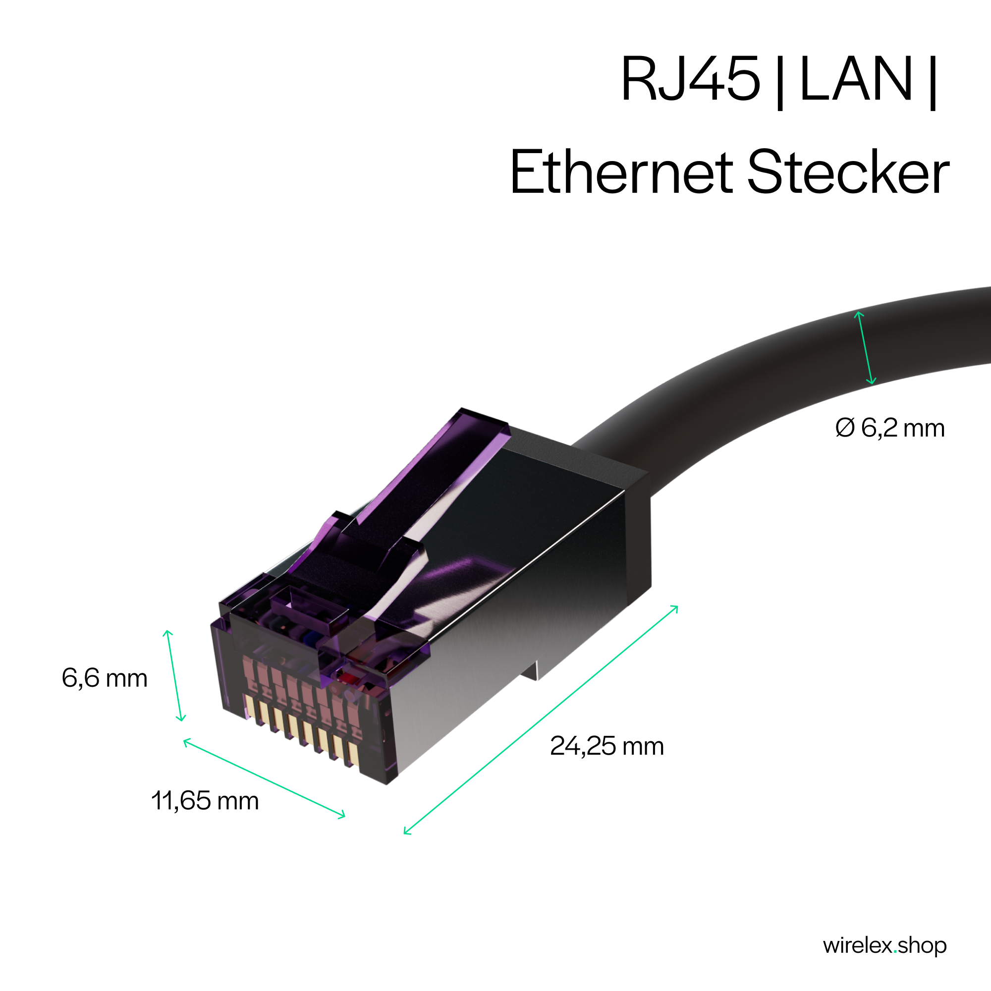 Primo piano di un connettore RJ45 con dimensioni, che mostra lunghezza e larghezza in mm.