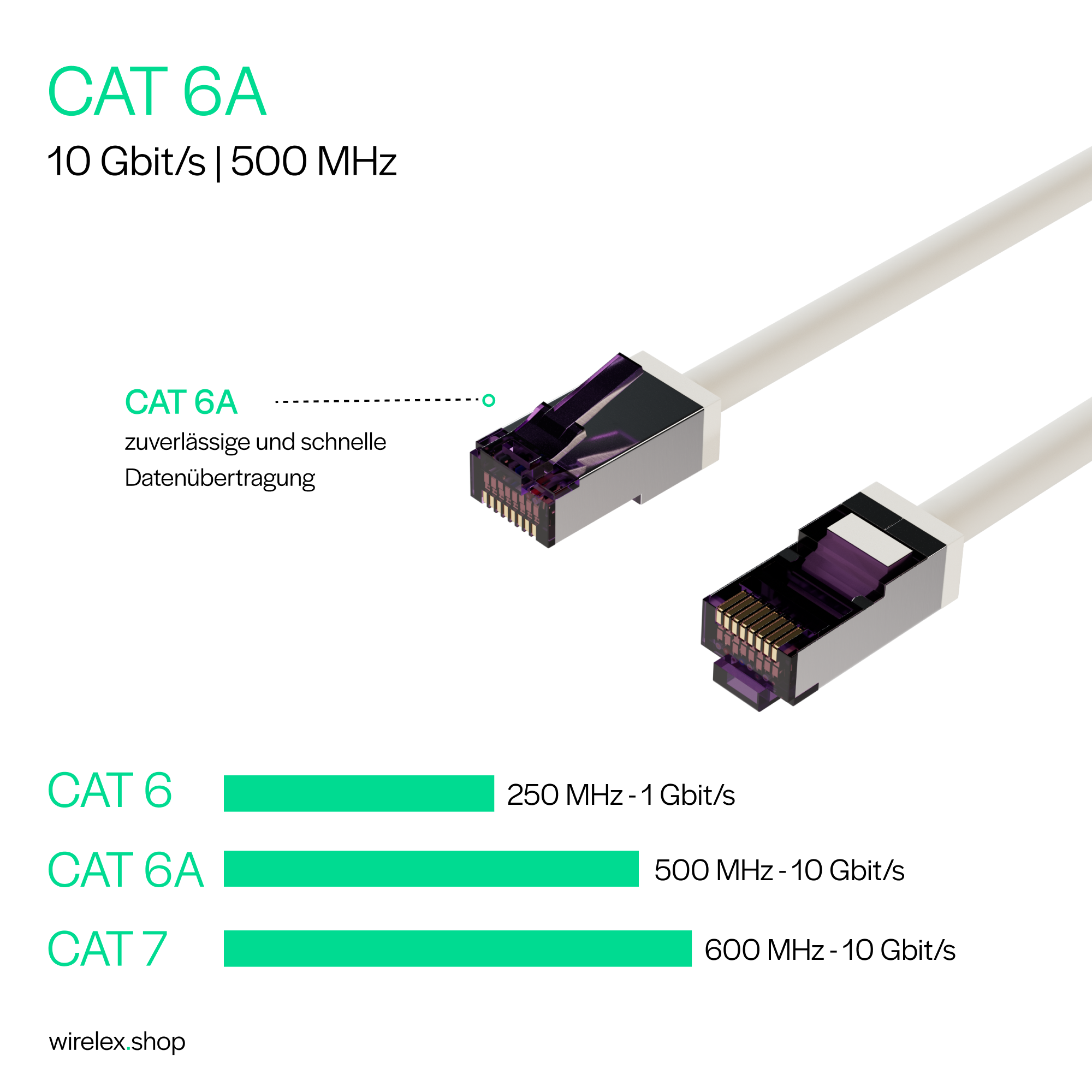 Cavi di rete con connettori. Testo: CAT 6A con specifiche. Anche altri tipi di cavi.