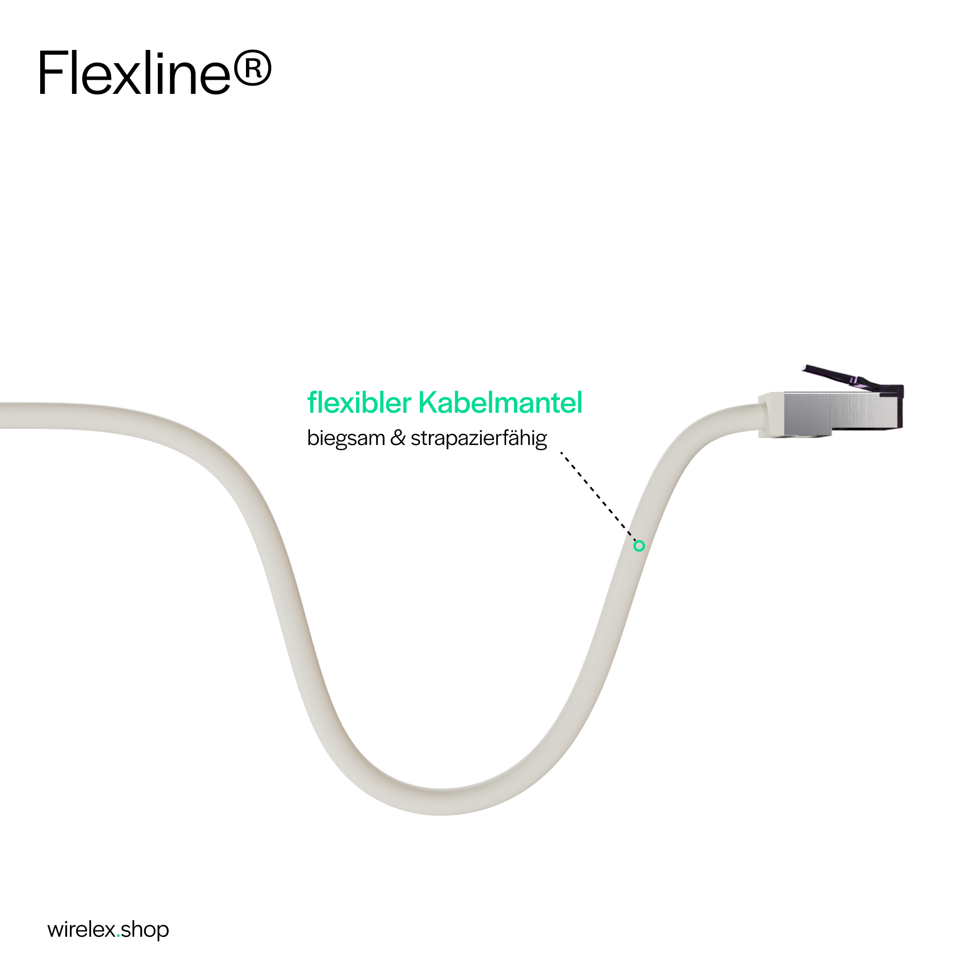 Cavo bianco con connettore RJ45. Testo: guaina flessibile, pieghevole e resistente.