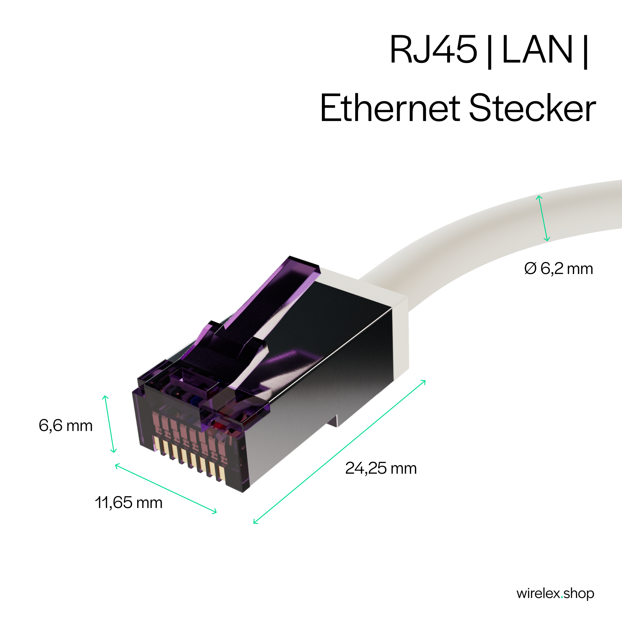 Un connettore Ethernet RJ45 LAN con dimensioni e un cavo bianco.