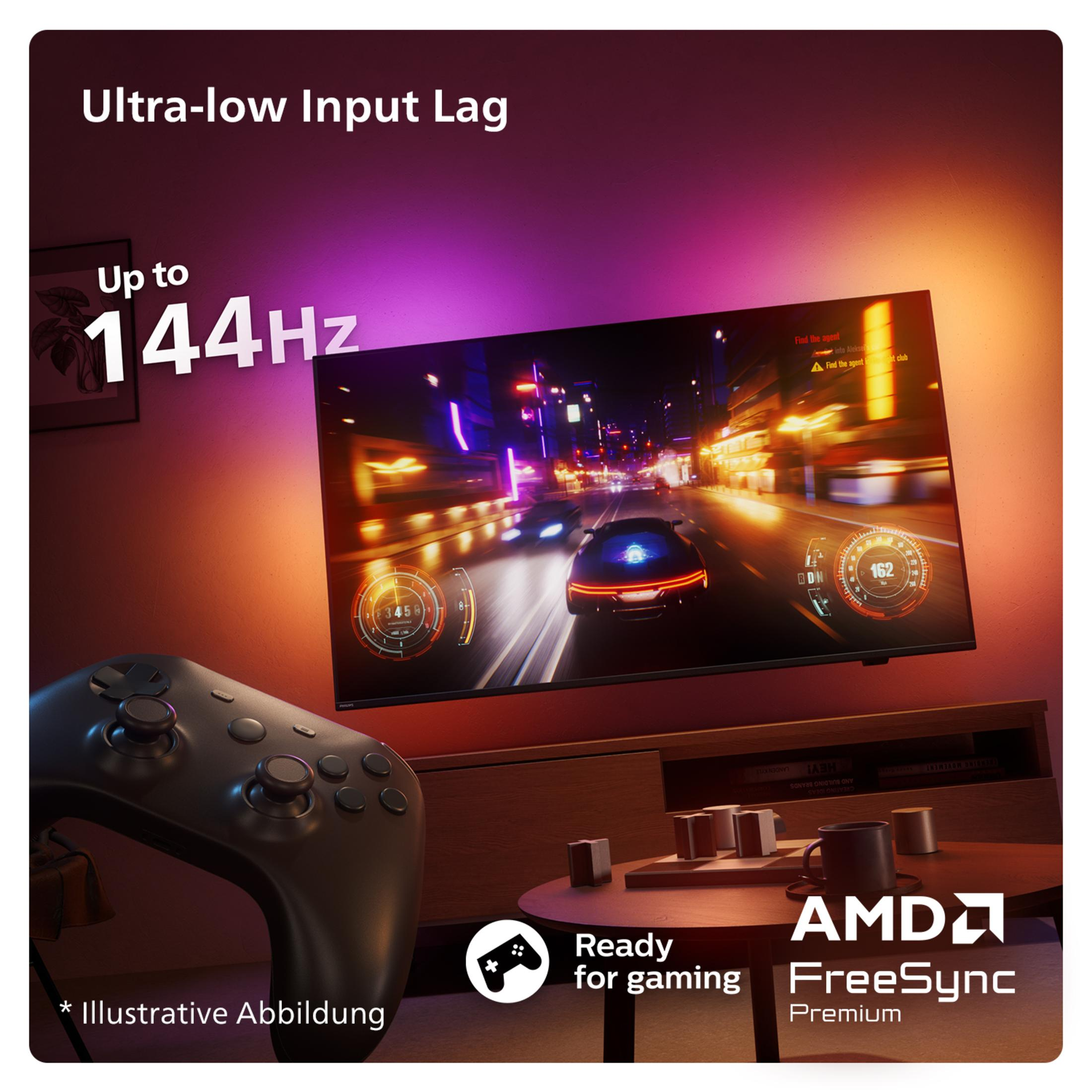 Un setup di gioco con una TV che mostra un gioco di corse automobilistiche, un controller e un mobile in legno.
