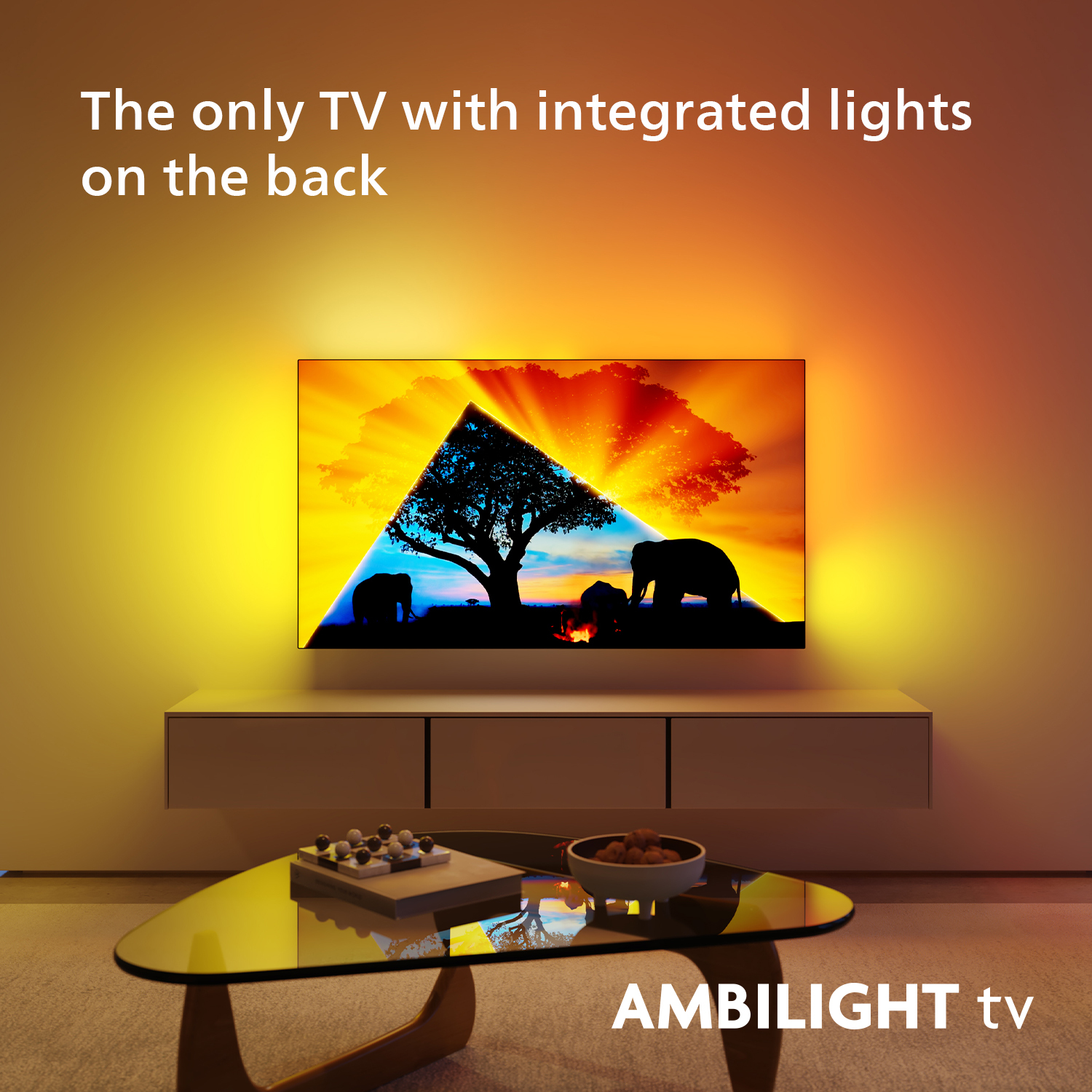 TV an der Wand mit bunten Lichtern auf der Rückseite. Bild von Baum und Elefanten auf dem Bildschirm.