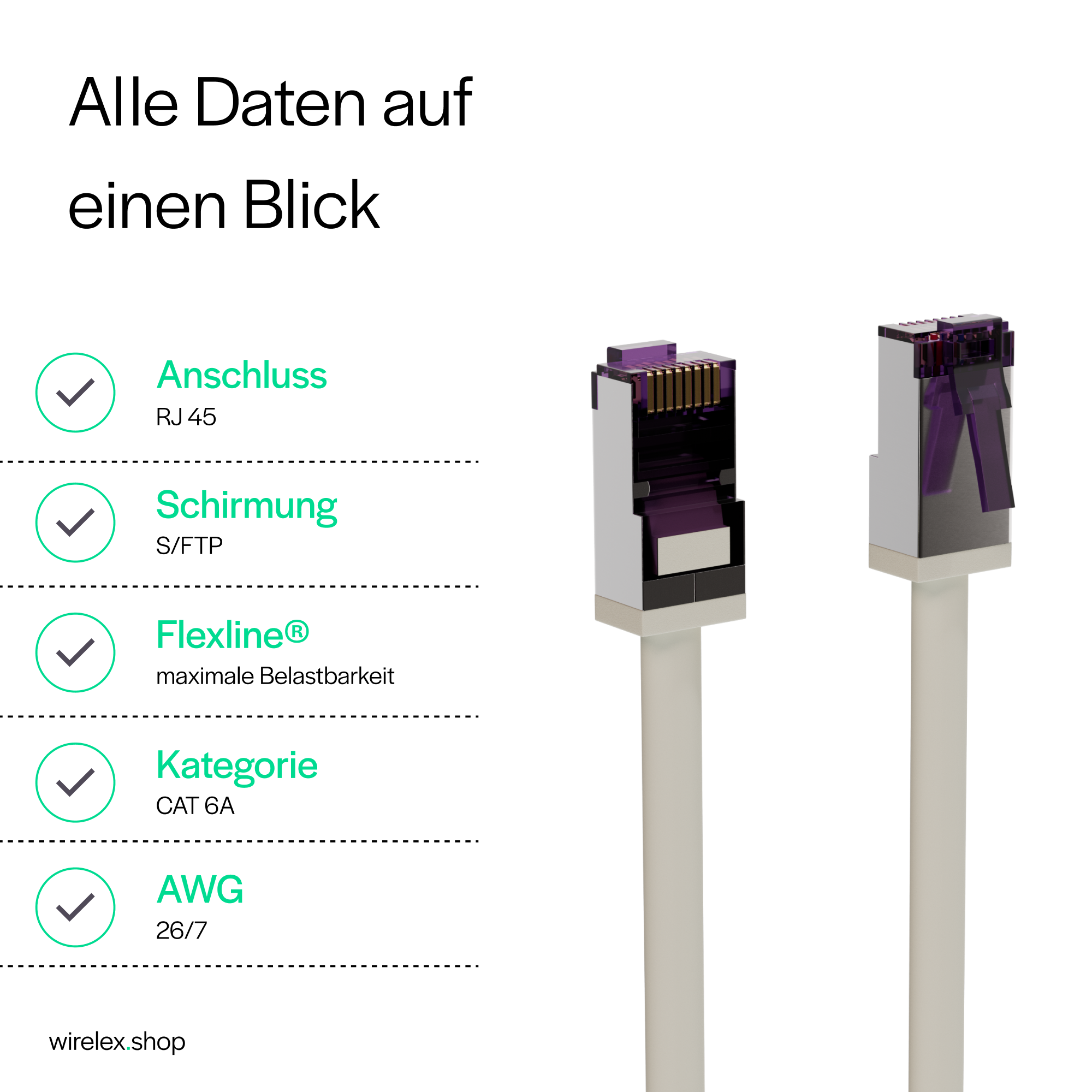 Due connettori Ethernet bianchi con un elenco di controllo. Il testo include connessione e schermatura.