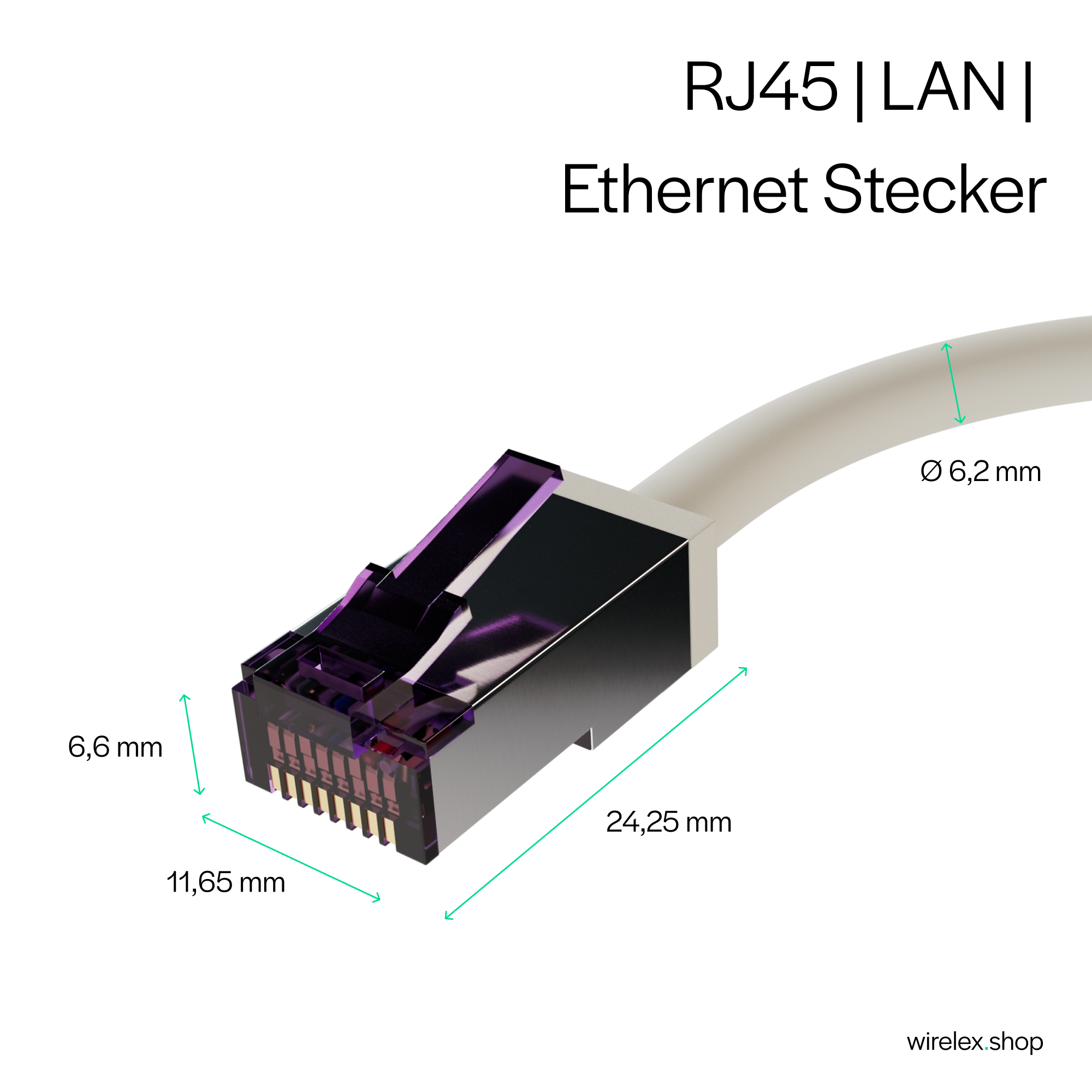 Primo piano del connettore Ethernet RJ45. Dimensioni indicate: 6,6 mm, 11,65 mm, 24,25 mm e diametro 6,2 mm.