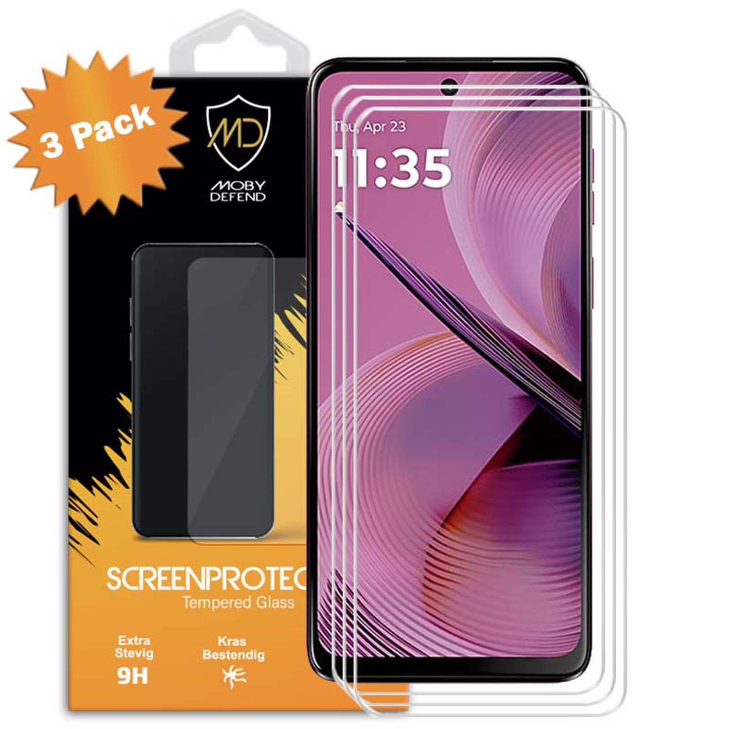 Un pack de protection d'écran de téléphone portable avec trois protections, un téléphone et le texte '9H Extra Stevig'.
